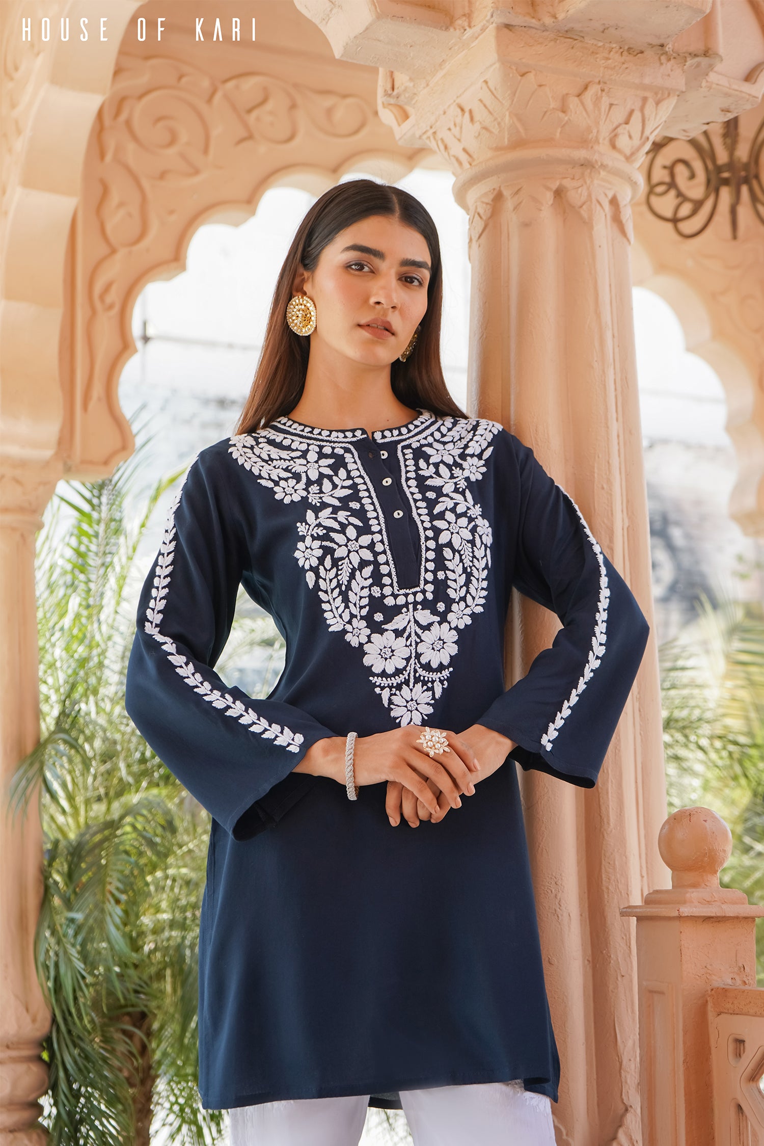 Rayon Chikankari Short Kurta in Navy Blue
