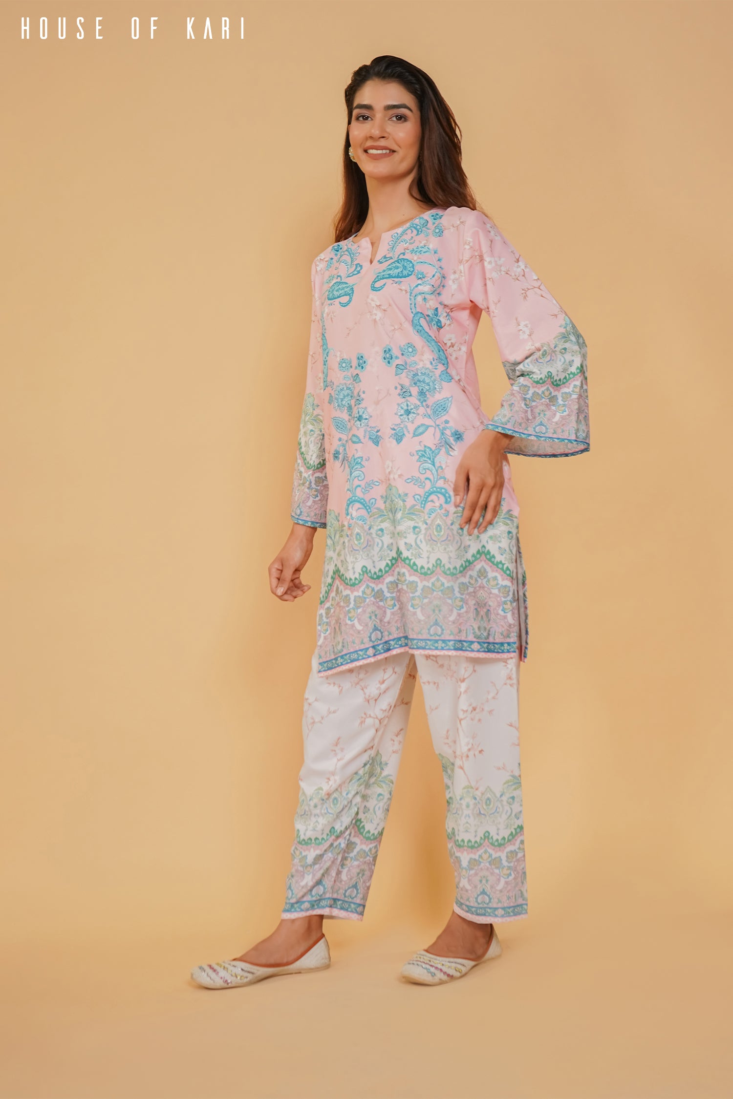 Nriti in Printkari Poly Muslin Co-ord set in Pink & Sky Blue