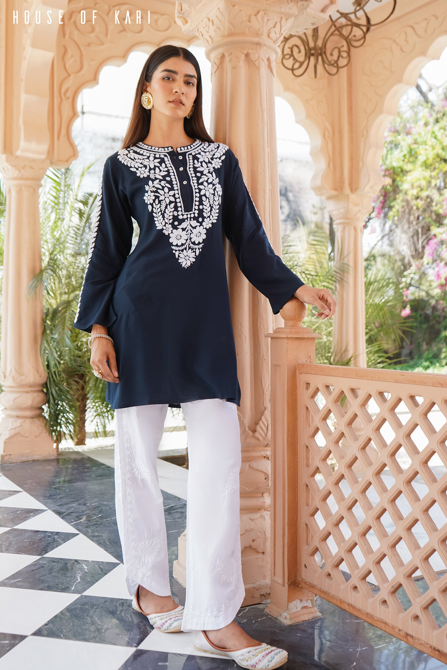 Rayon Chikankari Short Kurta in Navy Blue