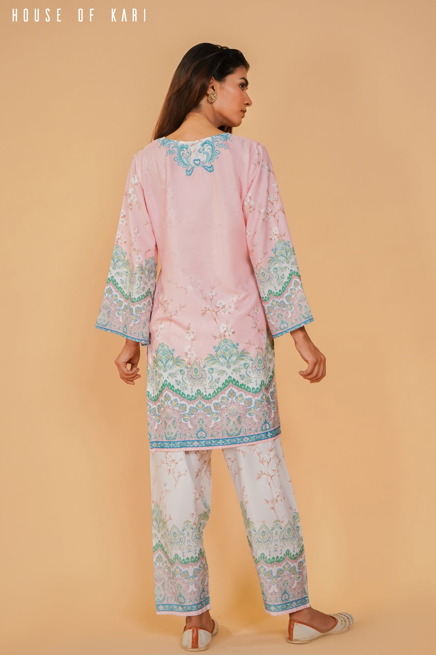 Nriti in Printkari Poly Muslin Co-ord set in Pink & Sky Blue