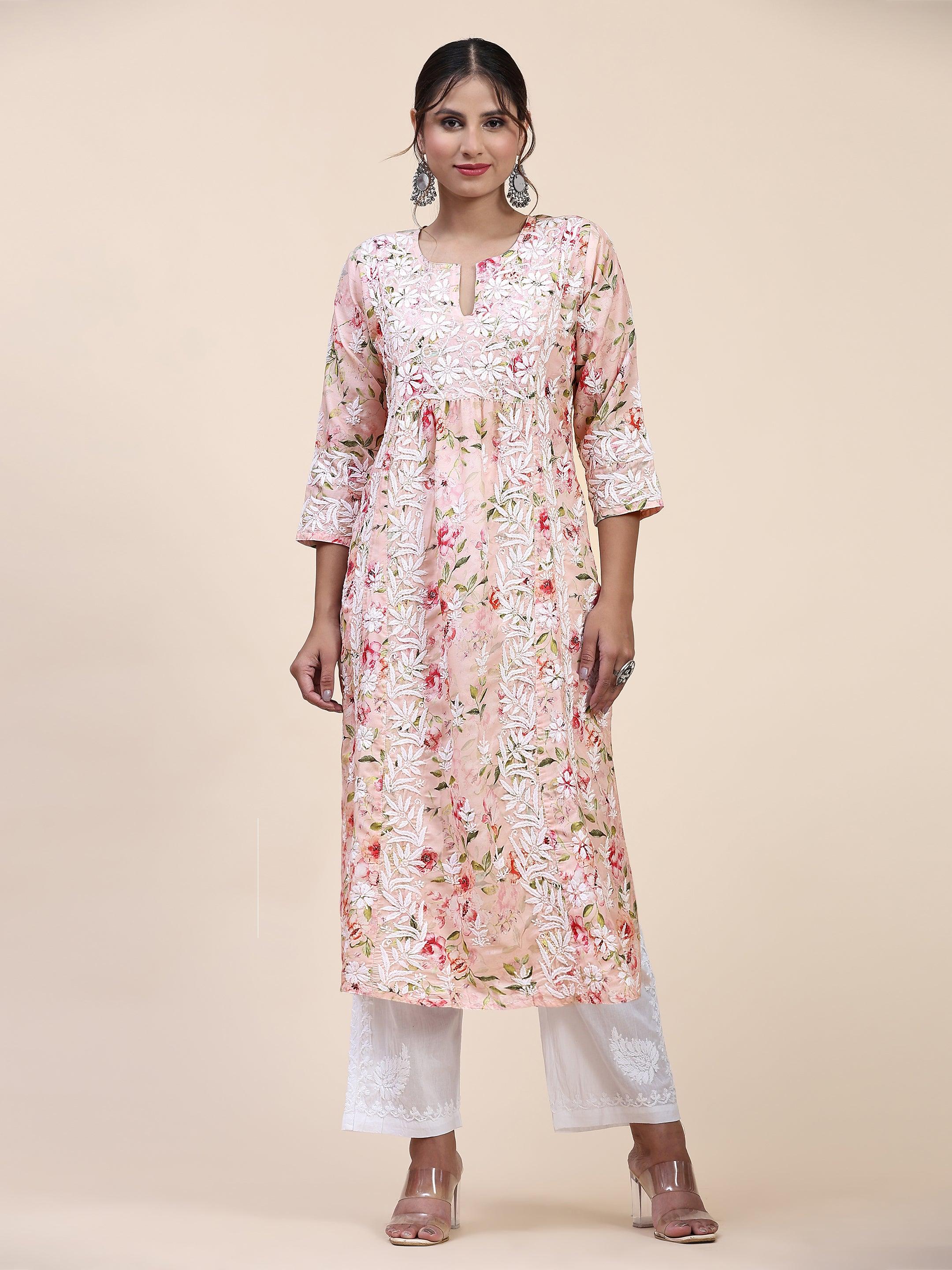 Fizaa Chikankari Long Kurta in Muslin Cotton for Women- Pink Print - House Of Kari (Chikankari Clothing)