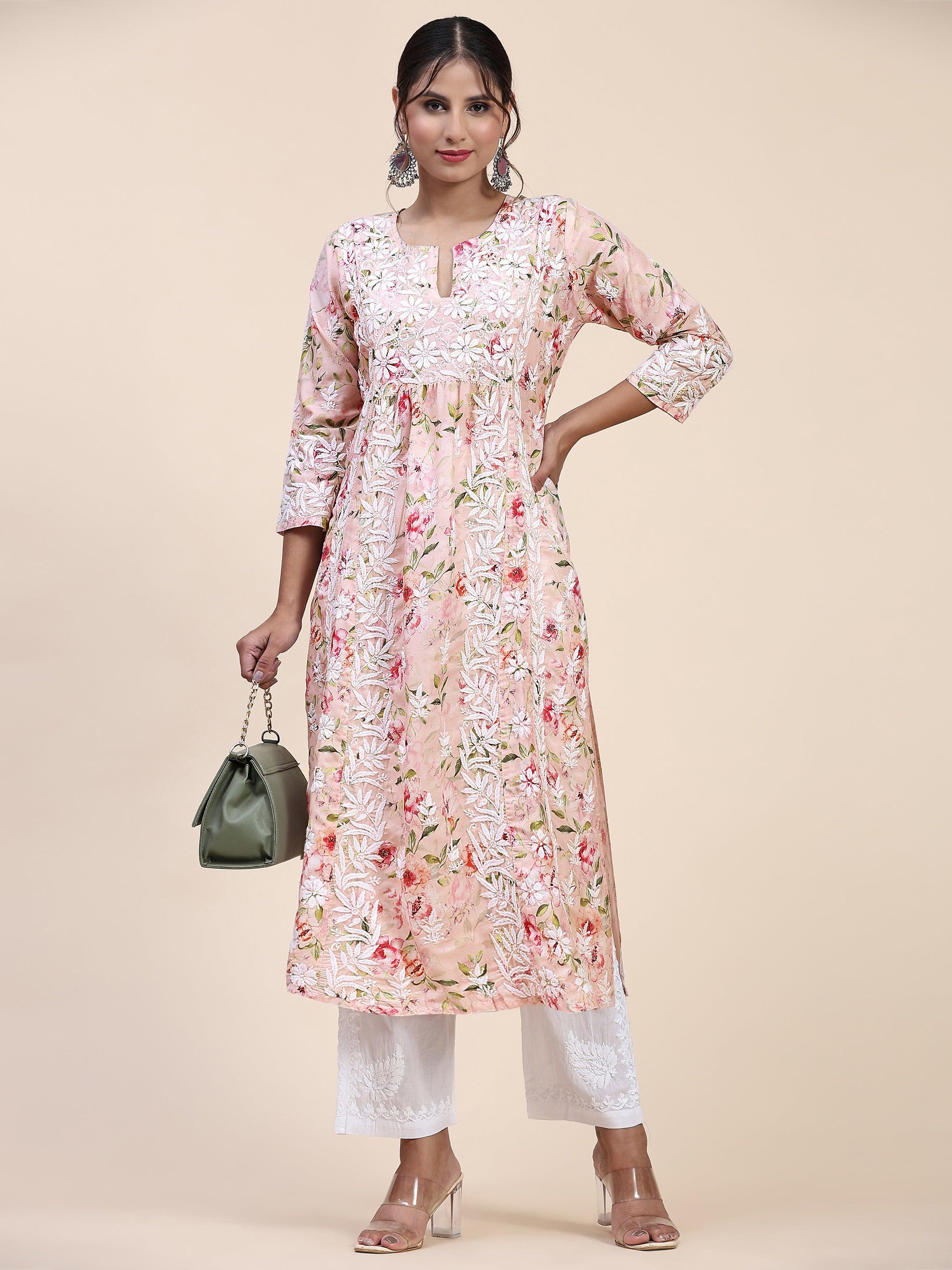 Fizaa Chikankari Long Kurta in Muslin Cotton for Women- Pink Print - House Of Kari (Chikankari Clothing)