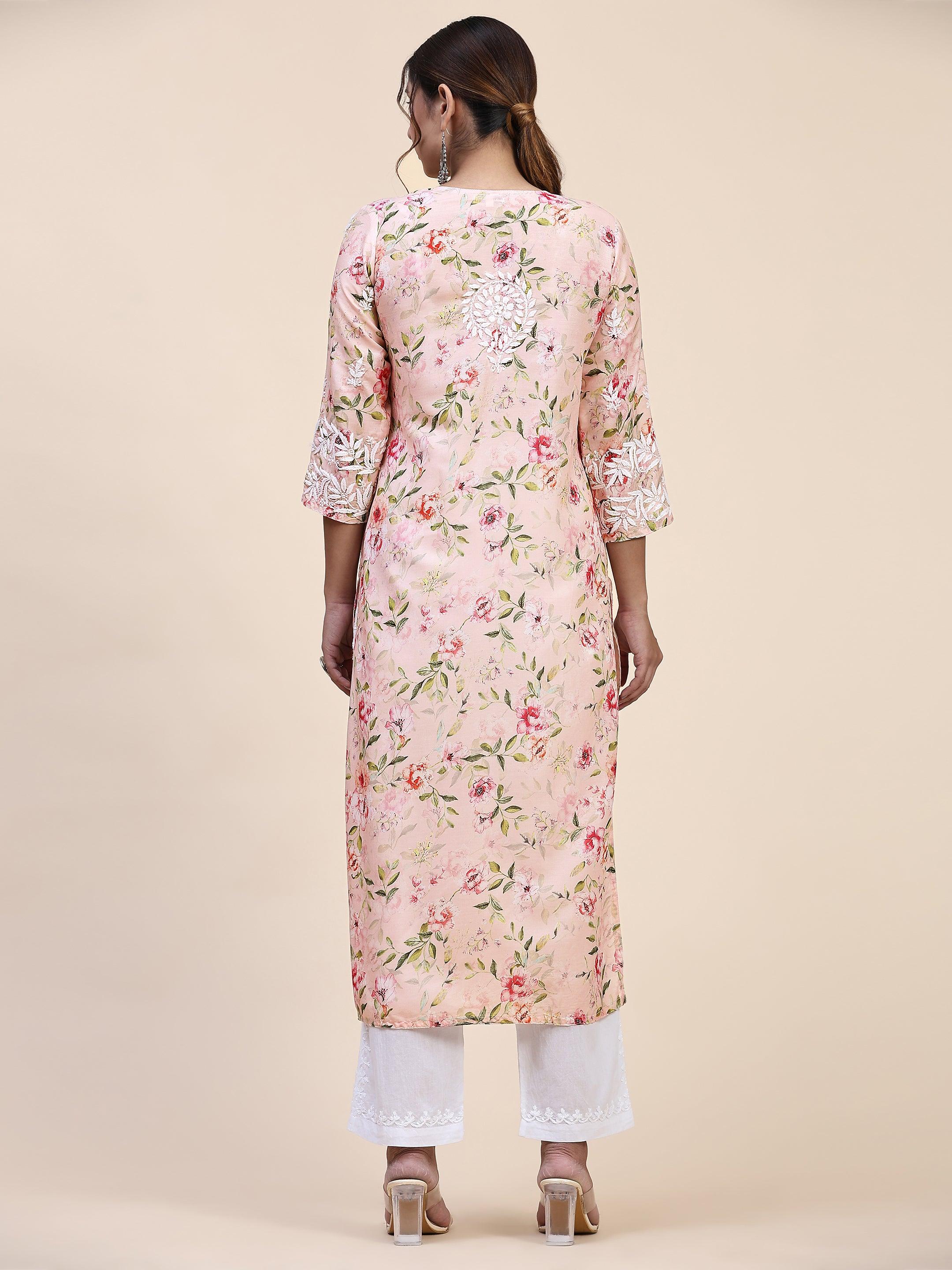 Fizaa Chikankari Long Kurta in Muslin Cotton for Women- Pink Print - House Of Kari (Chikankari Clothing)