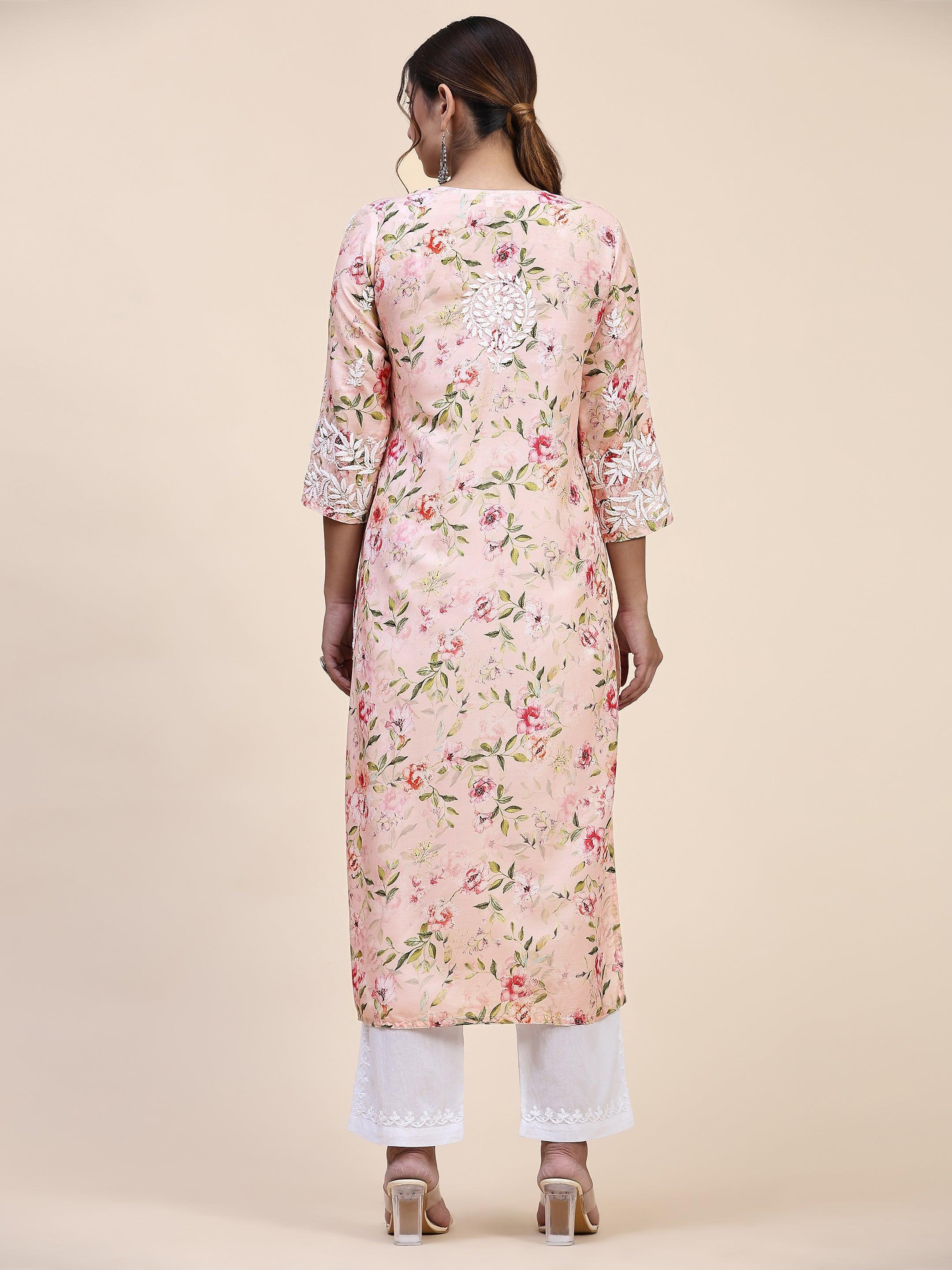 Farheen in Chikankari Long Kurta in Muslin Cotton for Women- Pink Print - House Of Kari (Chikankari Clothing)