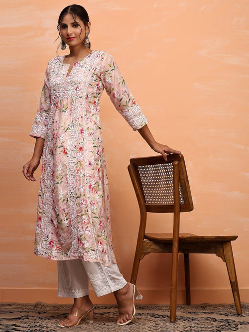 Fizaa Chikankari Long Kurta in Muslin Cotton for Women- Pink Print - House Of Kari (Chikankari Clothing)