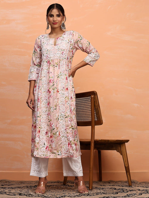 Fizaa Chikankari Long Kurta in Muslin Cotton for Women- Pink Print - House Of Kari (Chikankari Clothing)