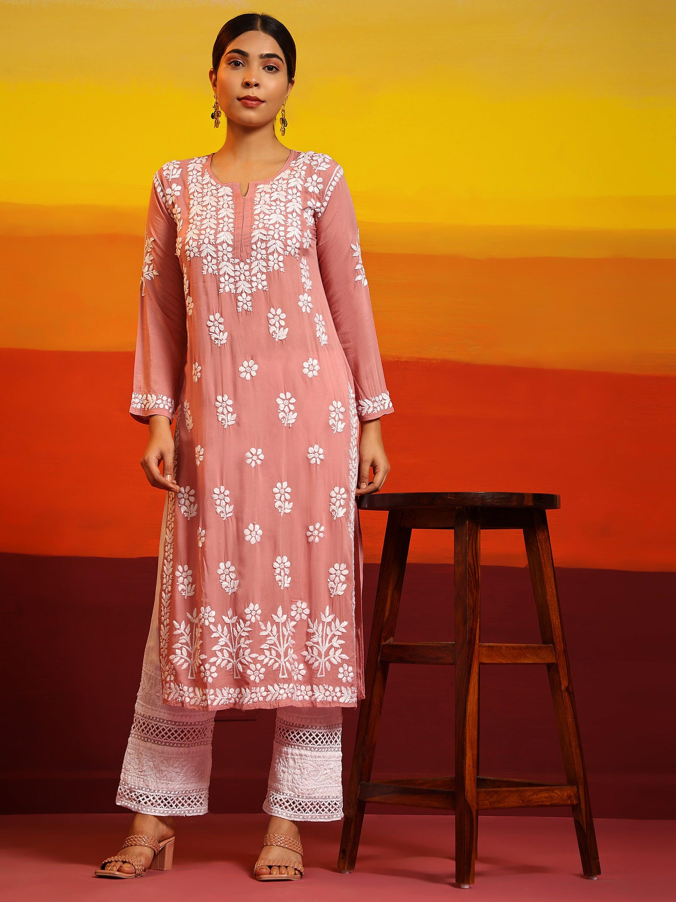 Samma Hand Embroidery Chikankari Kurta in Modal Cotton- Pink - House Of Kari (Chikankari Clothing)