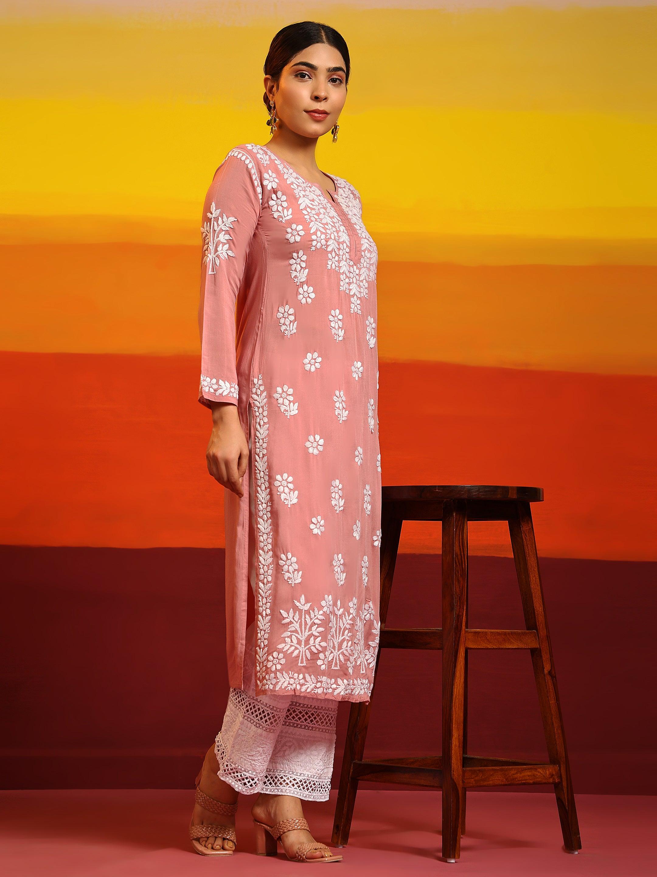 Samma Hand Embroidery Chikankari Kurta in Modal Cotton- Pink - House Of Kari (Chikankari Clothing)