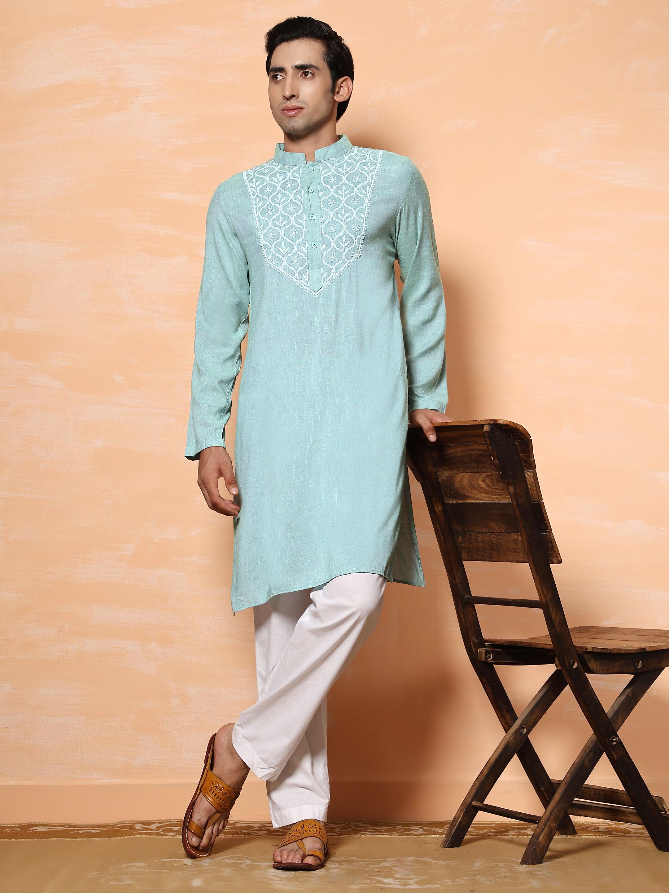 HOK Men's Chikankari Kurta in Cotton Silk Blend - Sea Green - House Of Kari (Chikankari Clothing)
