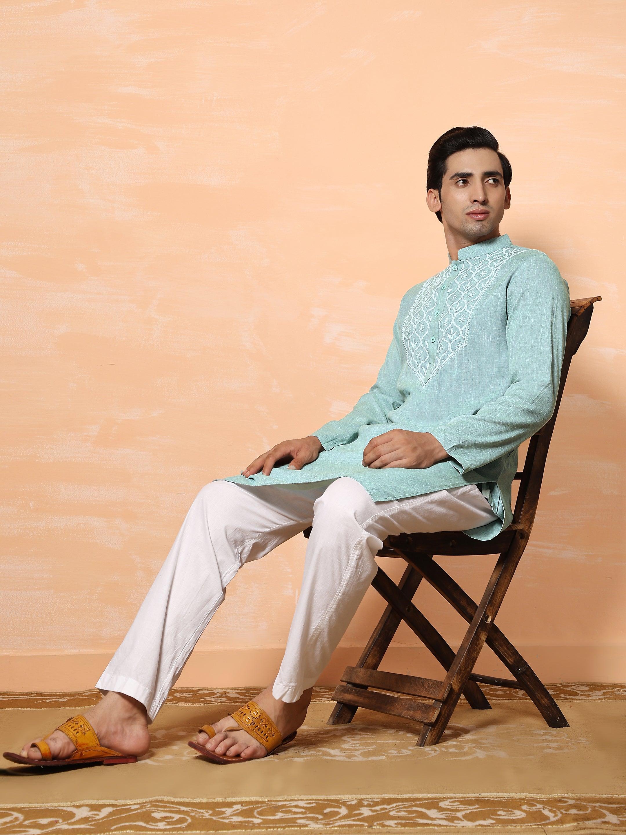 HOK Men's Chikankari Kurta in Cotton Silk Blend - Sea Green - House Of Kari (Chikankari Clothing)
