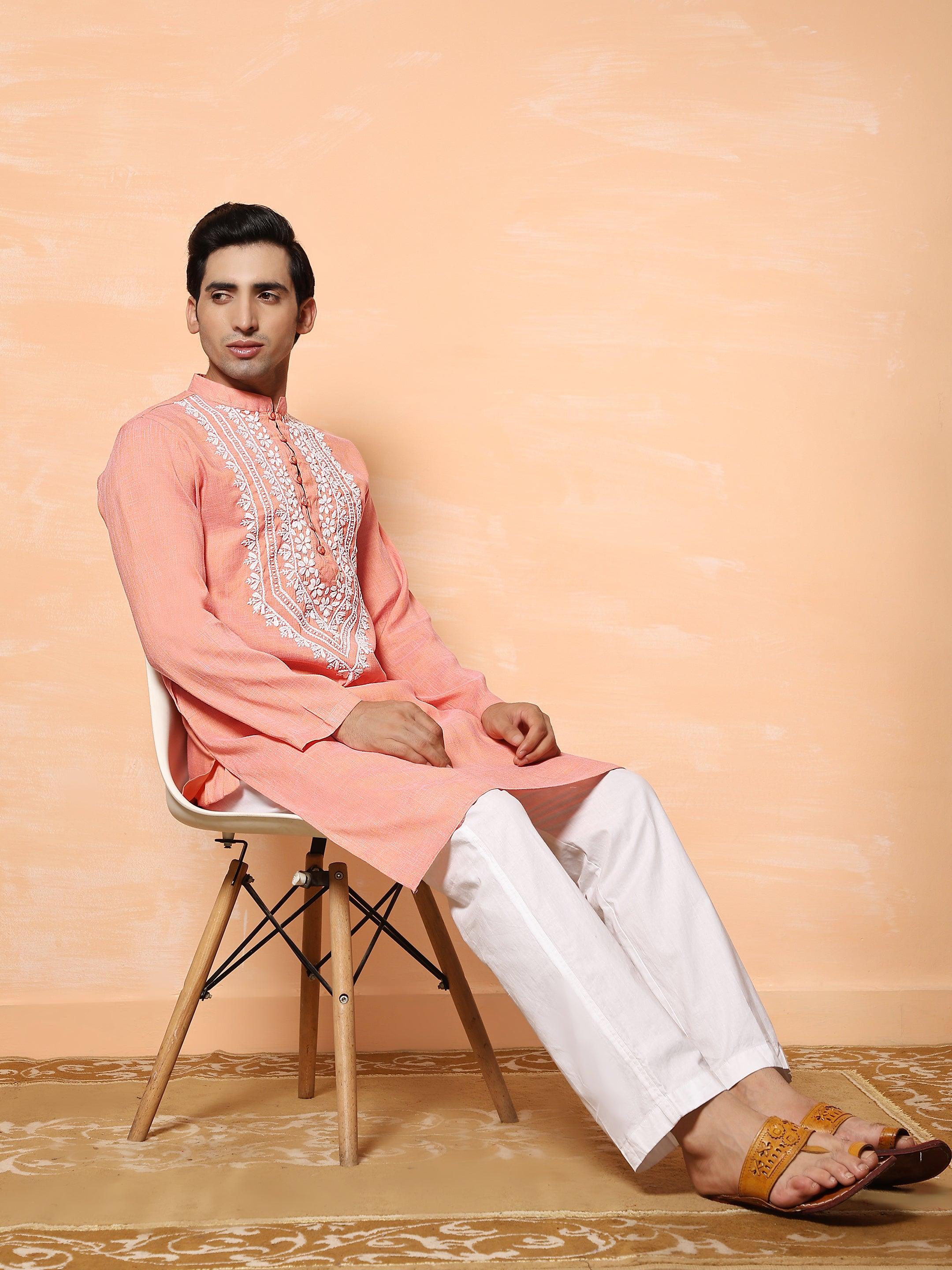 HOK Men's Chikankari Kurta in Cotton Silk Blend - Peach - House Of Kari (Chikankari Clothing)