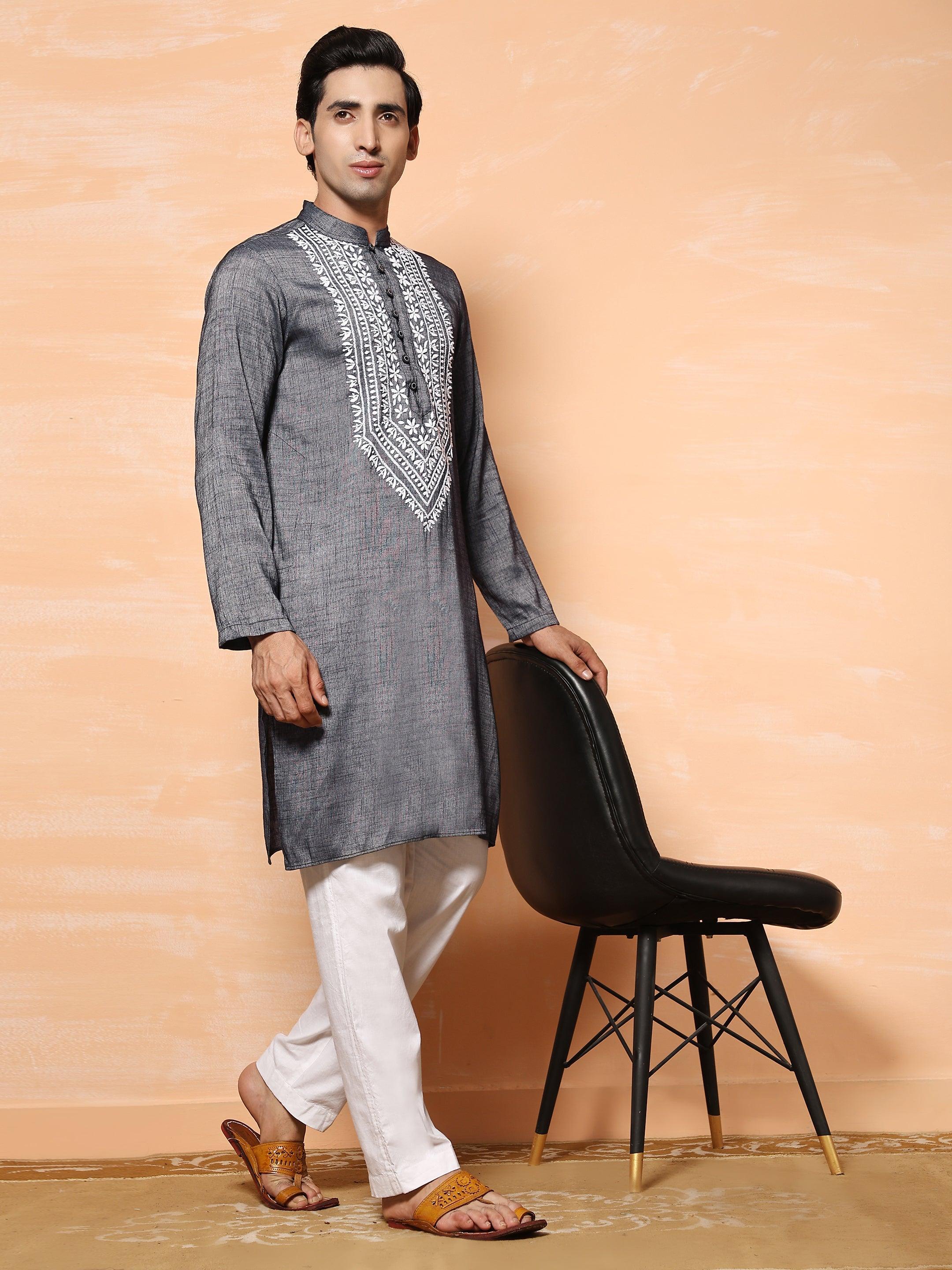 HOK Men's Chikankari Kurta in Cotton Silk Blend - Grey - House Of Kari (Chikankari Clothing)