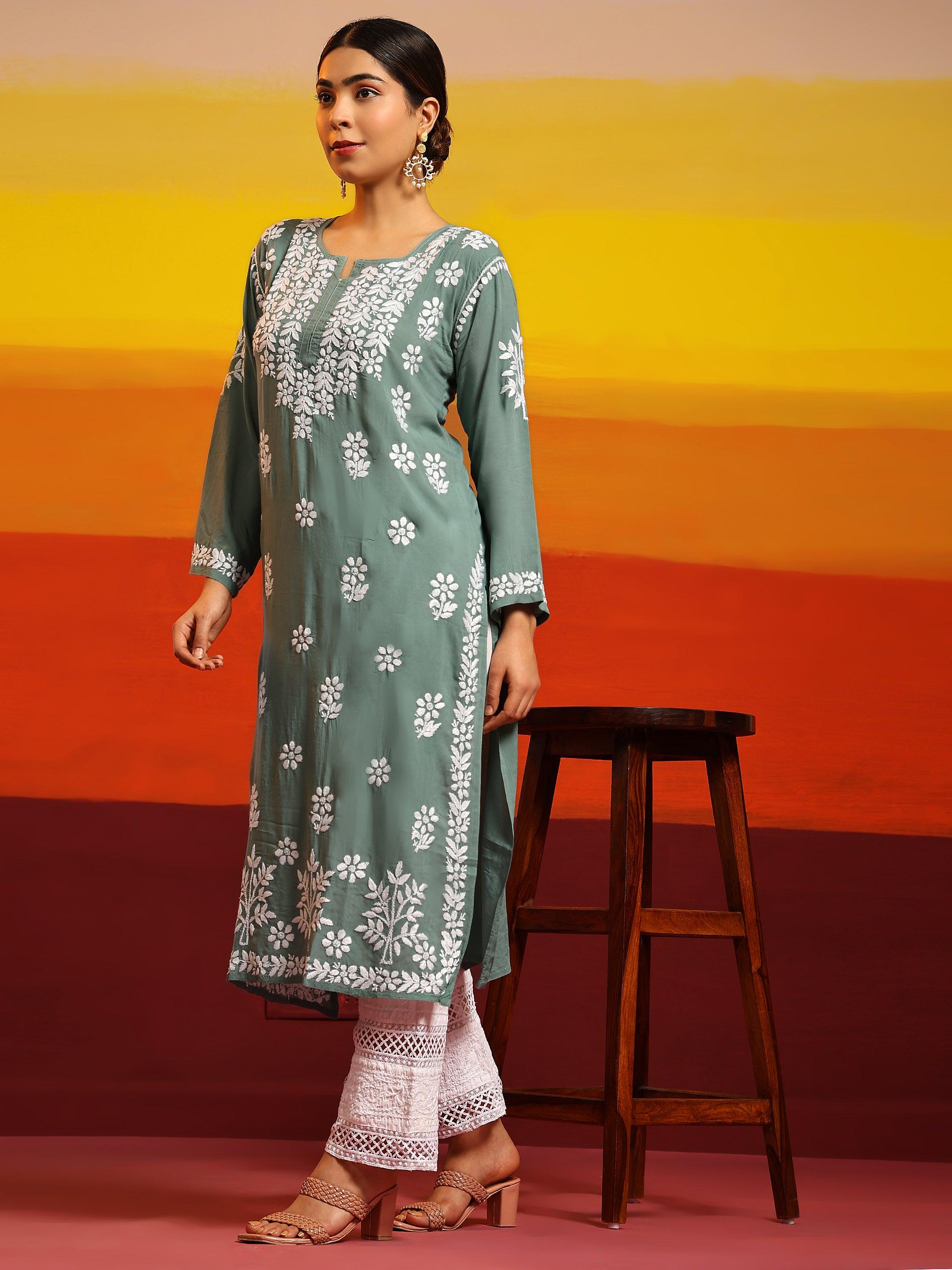 Samma Premium Hand Embroidery Chikankari Kurta in Modal Cotton- Pista Green - House Of Kari (Chikankari Clothing)