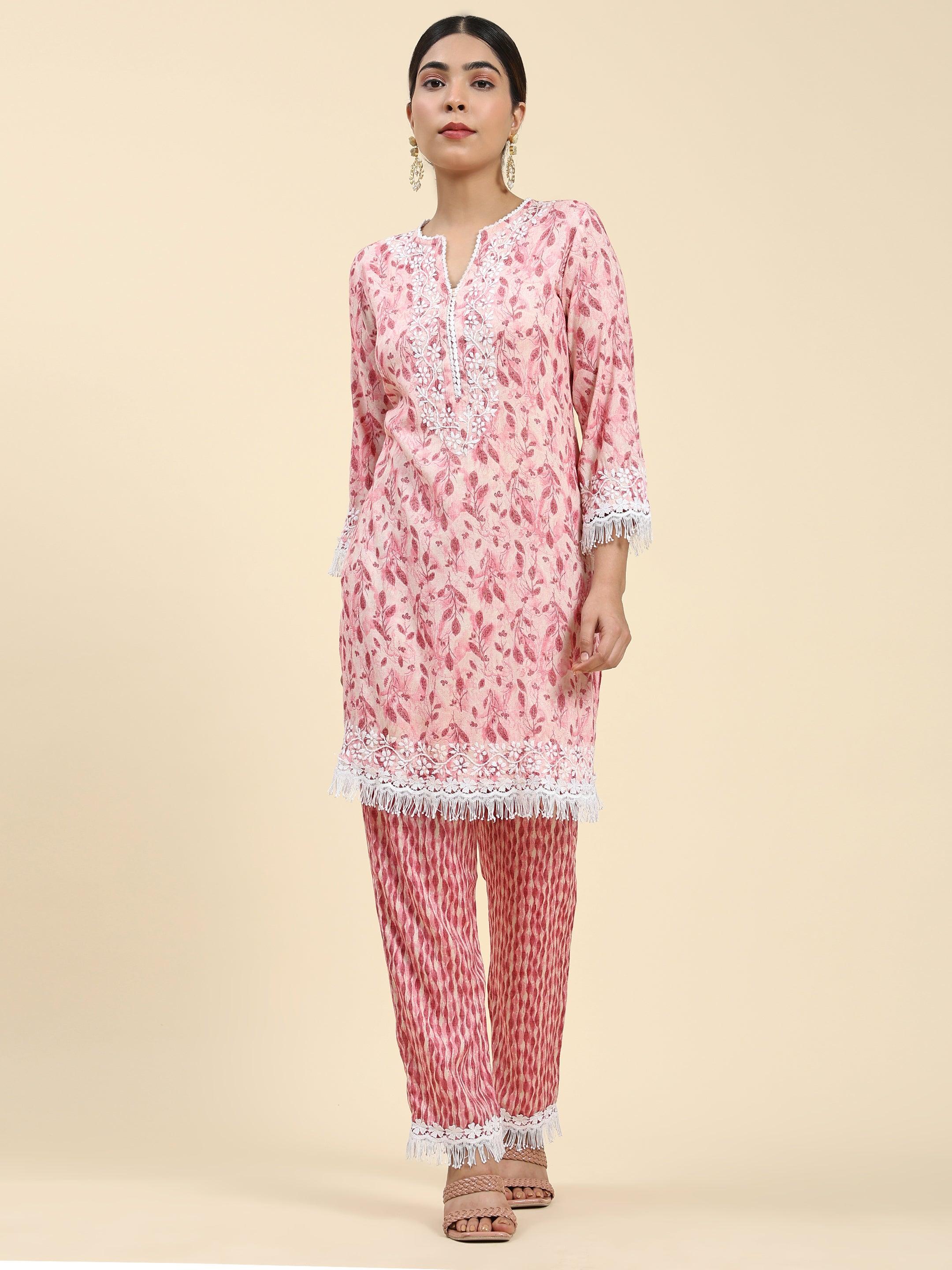 Samma Chikankari Co-ord set in Cotton for Women- Peach - House Of Kari (Chikankari Clothing)