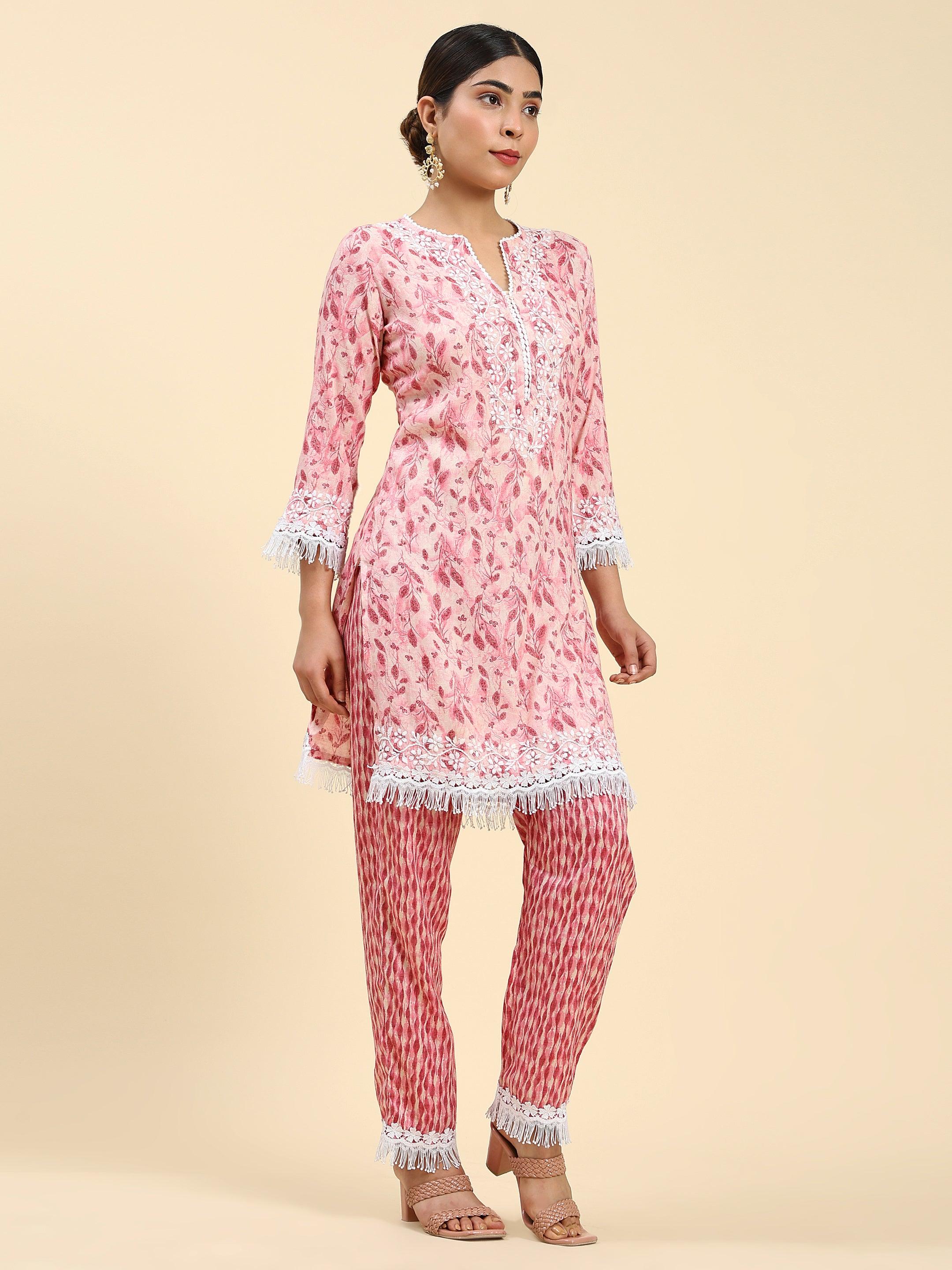 Samma Chikankari Co-ord set in Cotton for Women- Peach - House Of Kari (Chikankari Clothing)