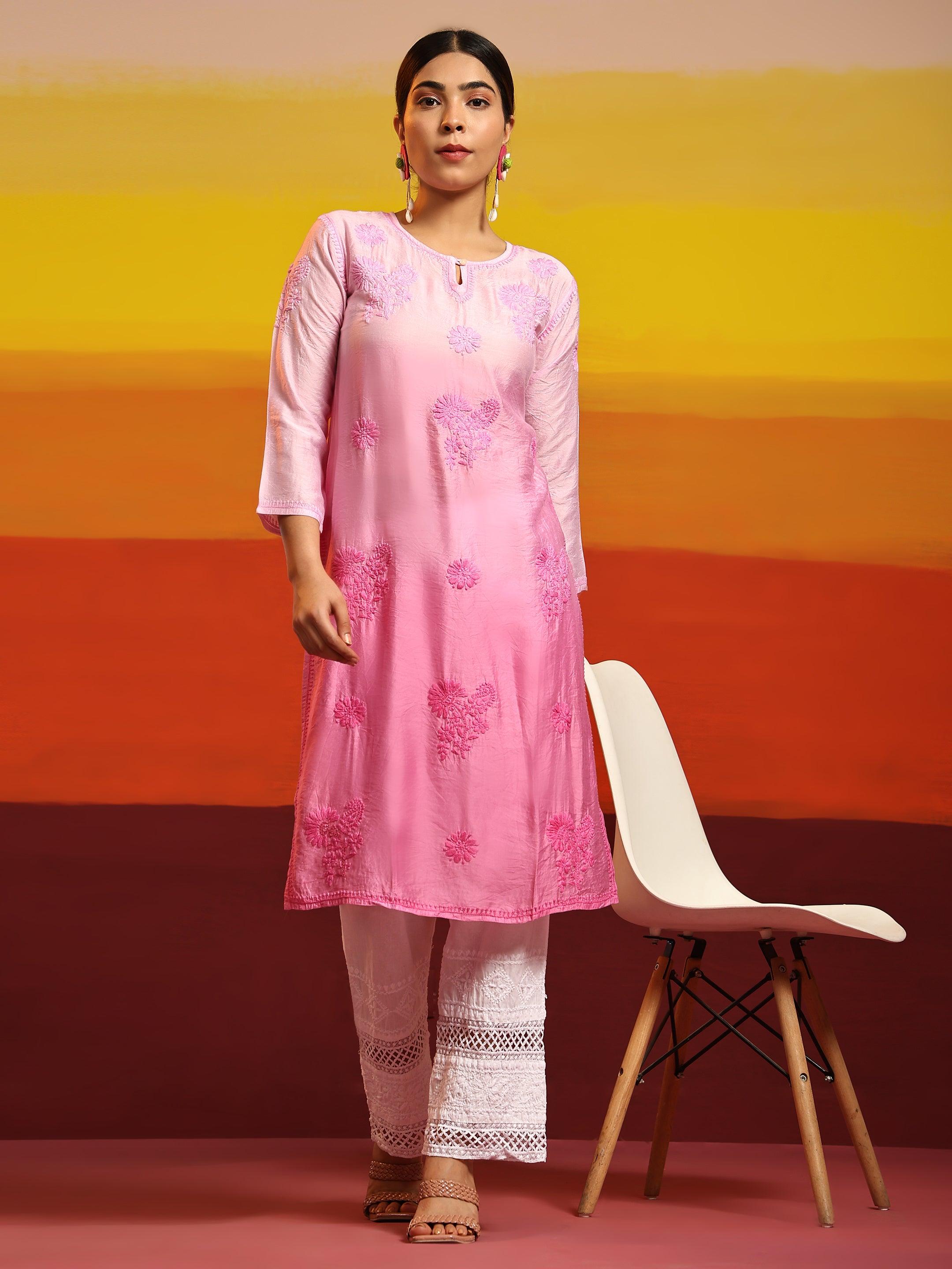 Samma Chikankari Long Kurta Notch neck in Chanderi Silk for Women - Rani Pink - House Of Kari (Chikankari Clothing)
