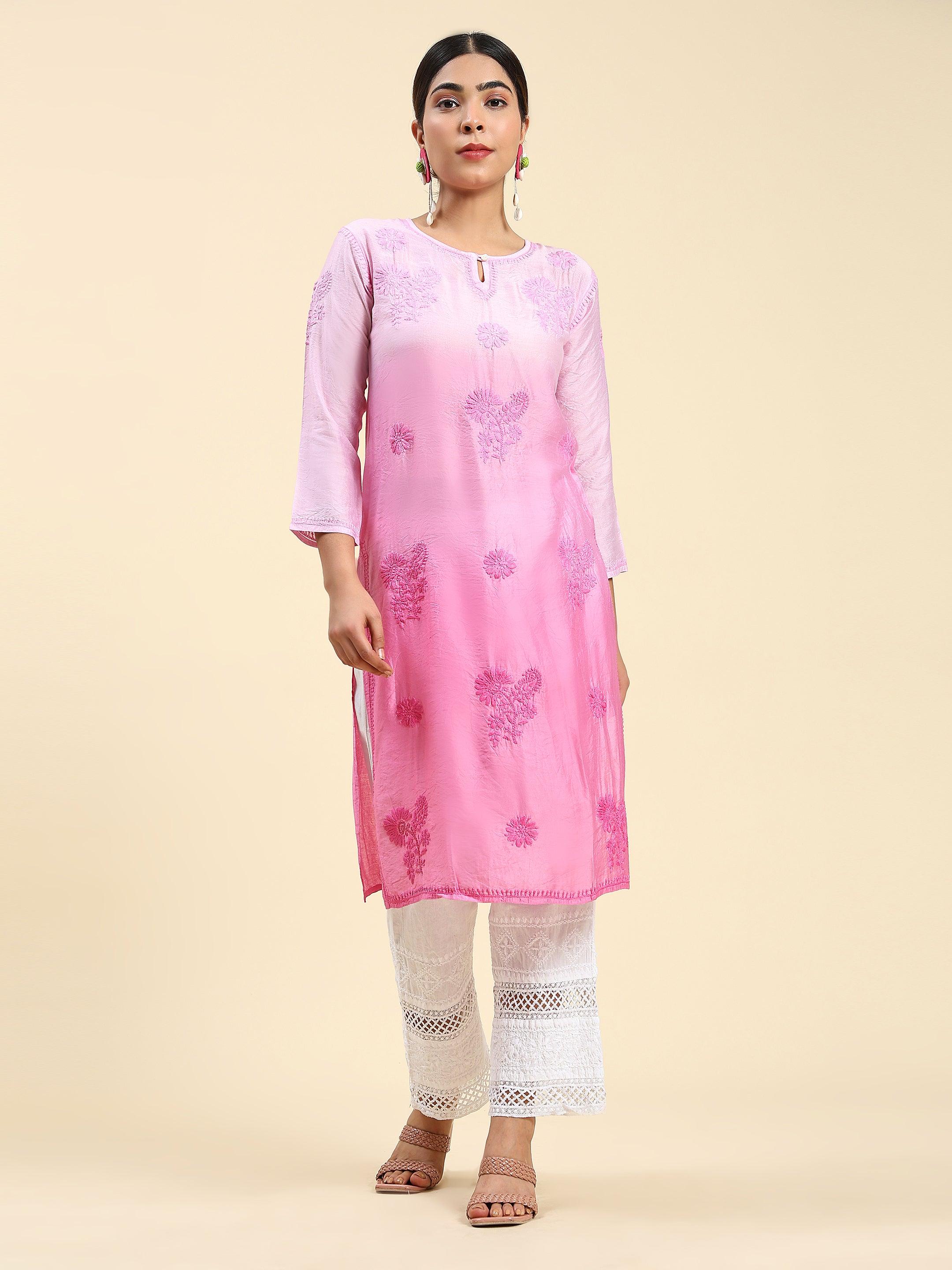 Samma Chikankari Long Kurta Notch neck in Chanderi Silk for Women - Rani Pink - House Of Kari (Chikankari Clothing)