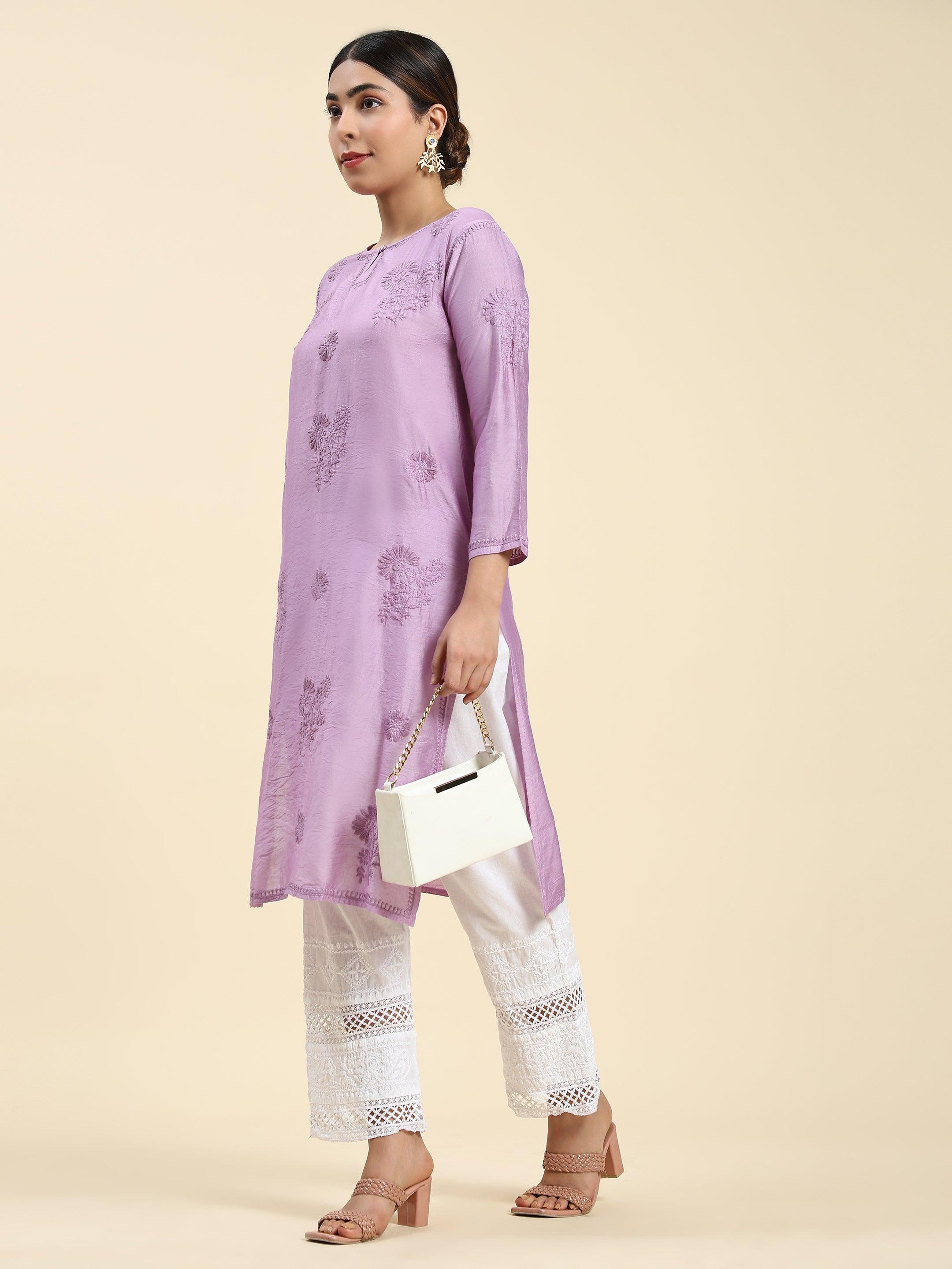 Samma Chikankari Long Kurta Notch Neck in Chanderi Silk for Women - Purple - House Of Kari (Chikankari Clothing)