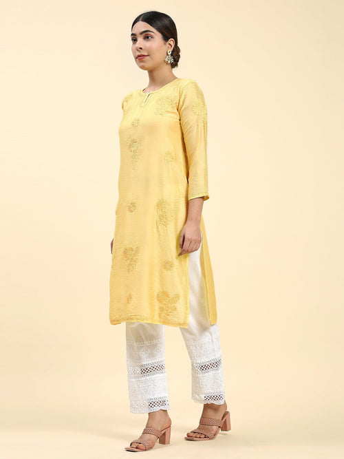 Miesha in House of kari Long Kurta in Chanderi Silk Long Kurta for Women - Yellow - House Of Kari (Chikankari Clothing)