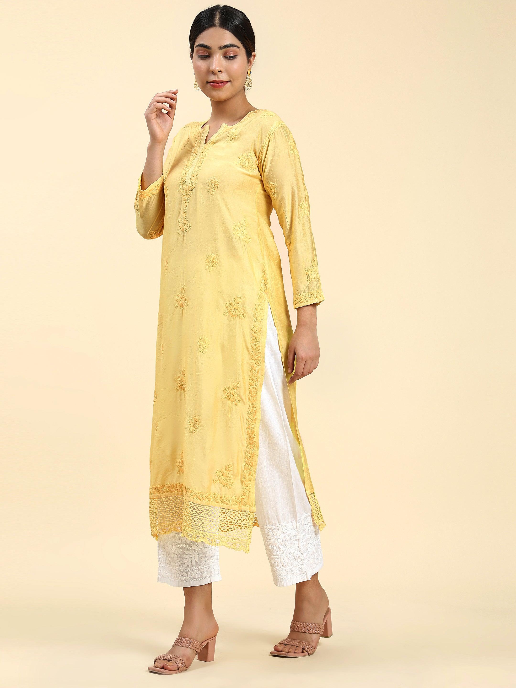Samma Chikankari Long Kurta in Chanderi Silk for Women - Yellow - House Of Kari (Chikankari Clothing)