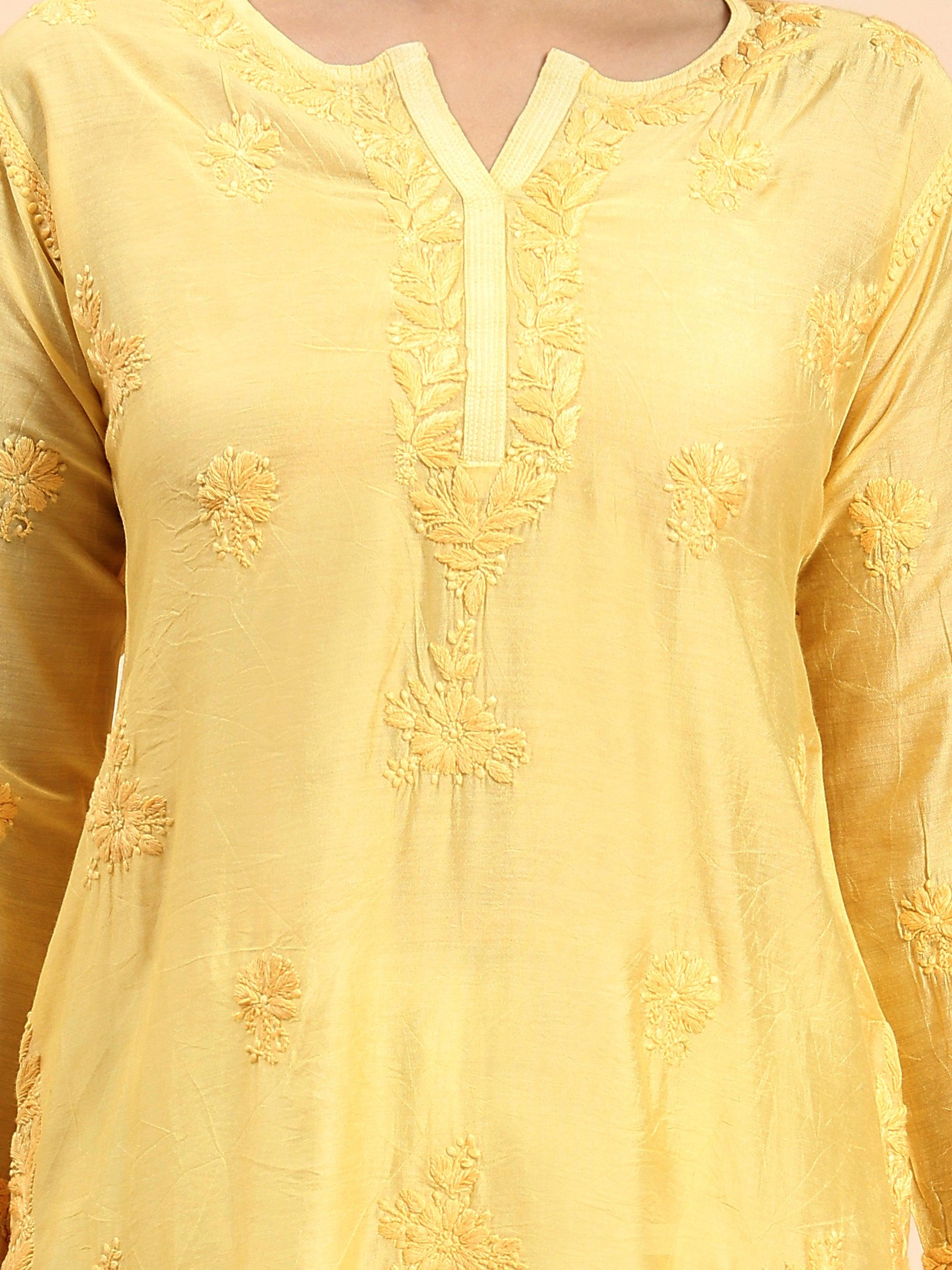 Samma Chikankari Long Kurta in Chanderi Silk for Women - Yellow - House Of Kari (Chikankari Clothing)