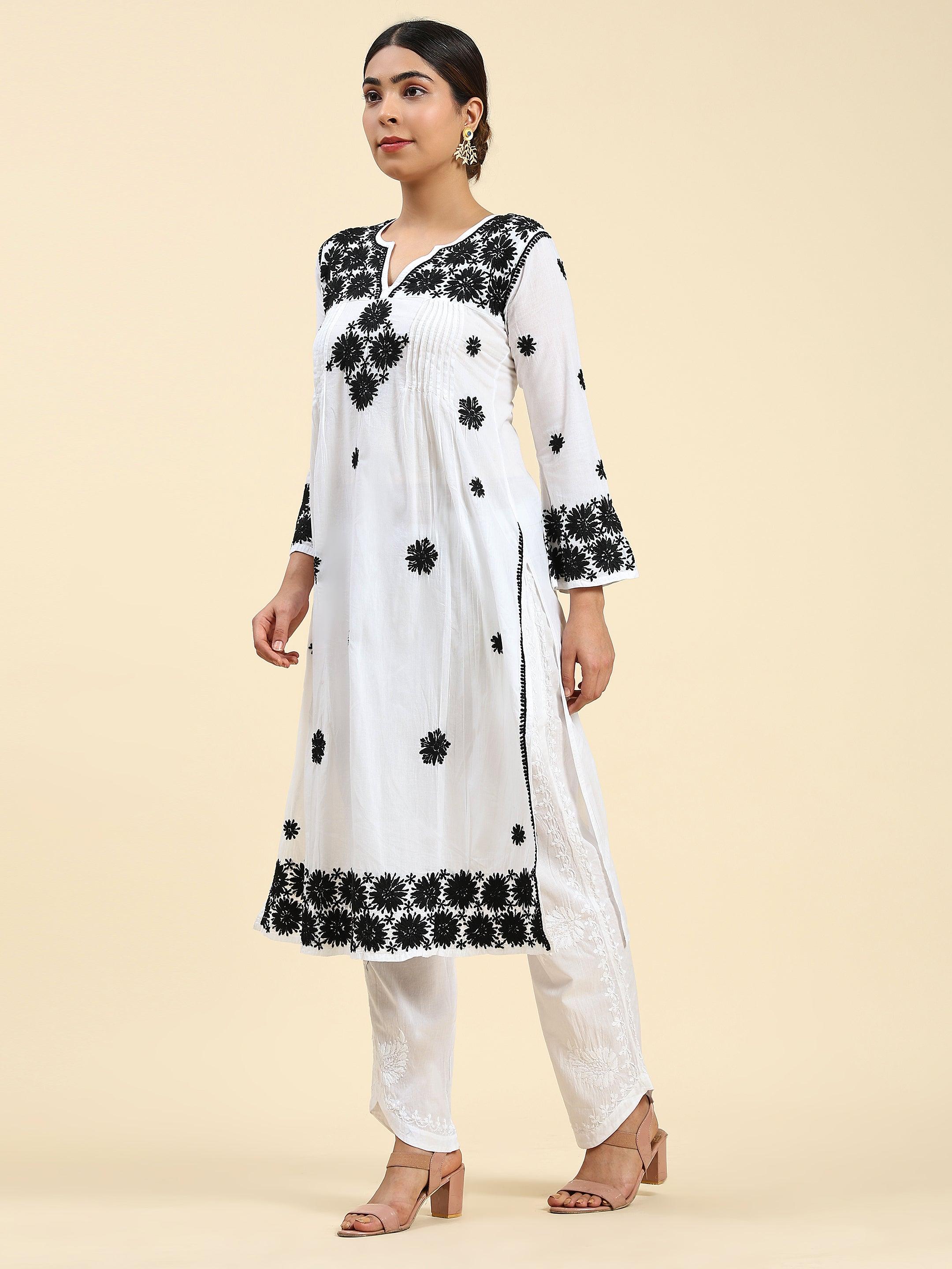 Samma Chikankari Long Kurta in Rayon Cotton for Women- White With Black - House Of Kari (Chikankari Clothing)
