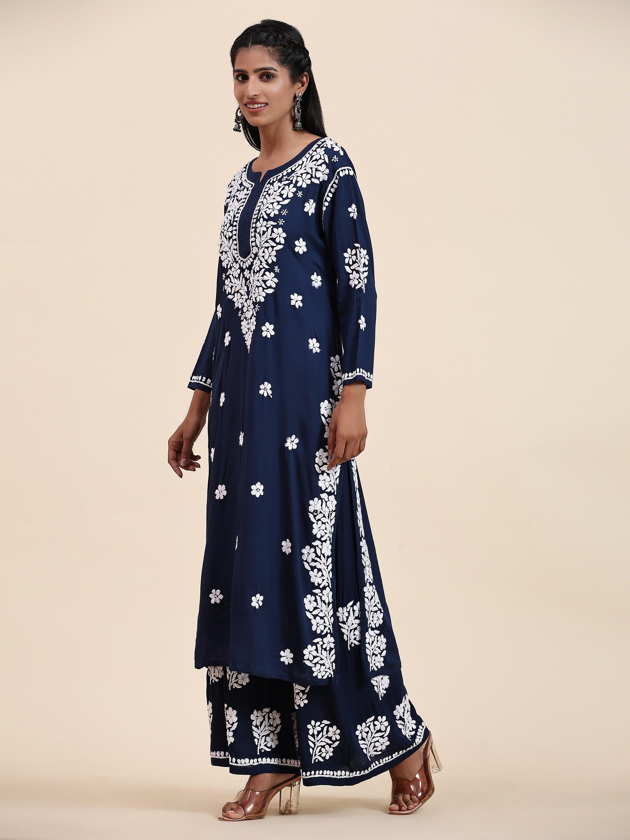 Samma Chikankari CO-ORD Set In Modal Cotton for Women In Blue - House Of Kari (Chikankari Clothing)