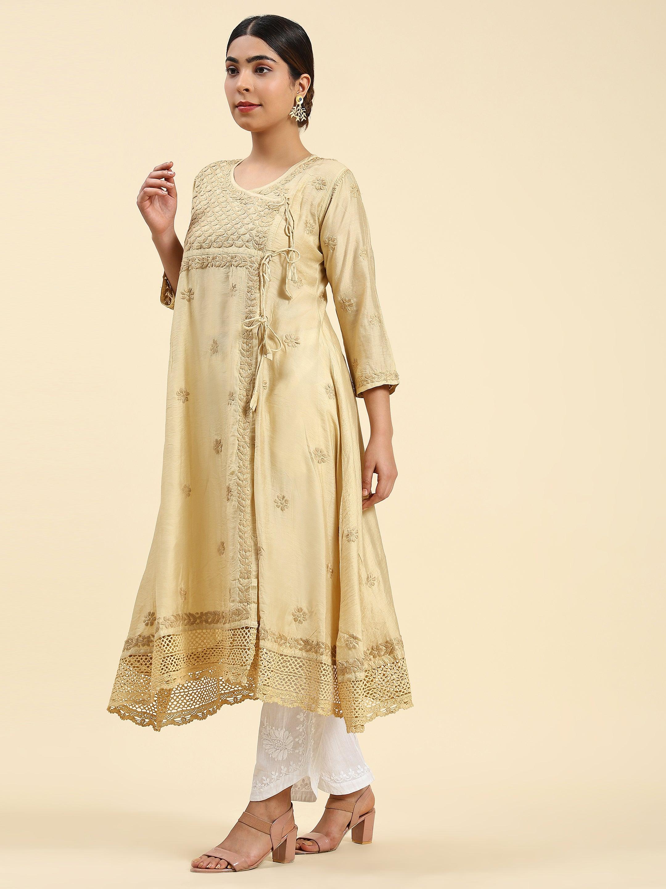 Samma Chikankari Angrakha Long Kurta in Chanderi Silk for Women - Beige - House Of Kari (Chikankari Clothing)