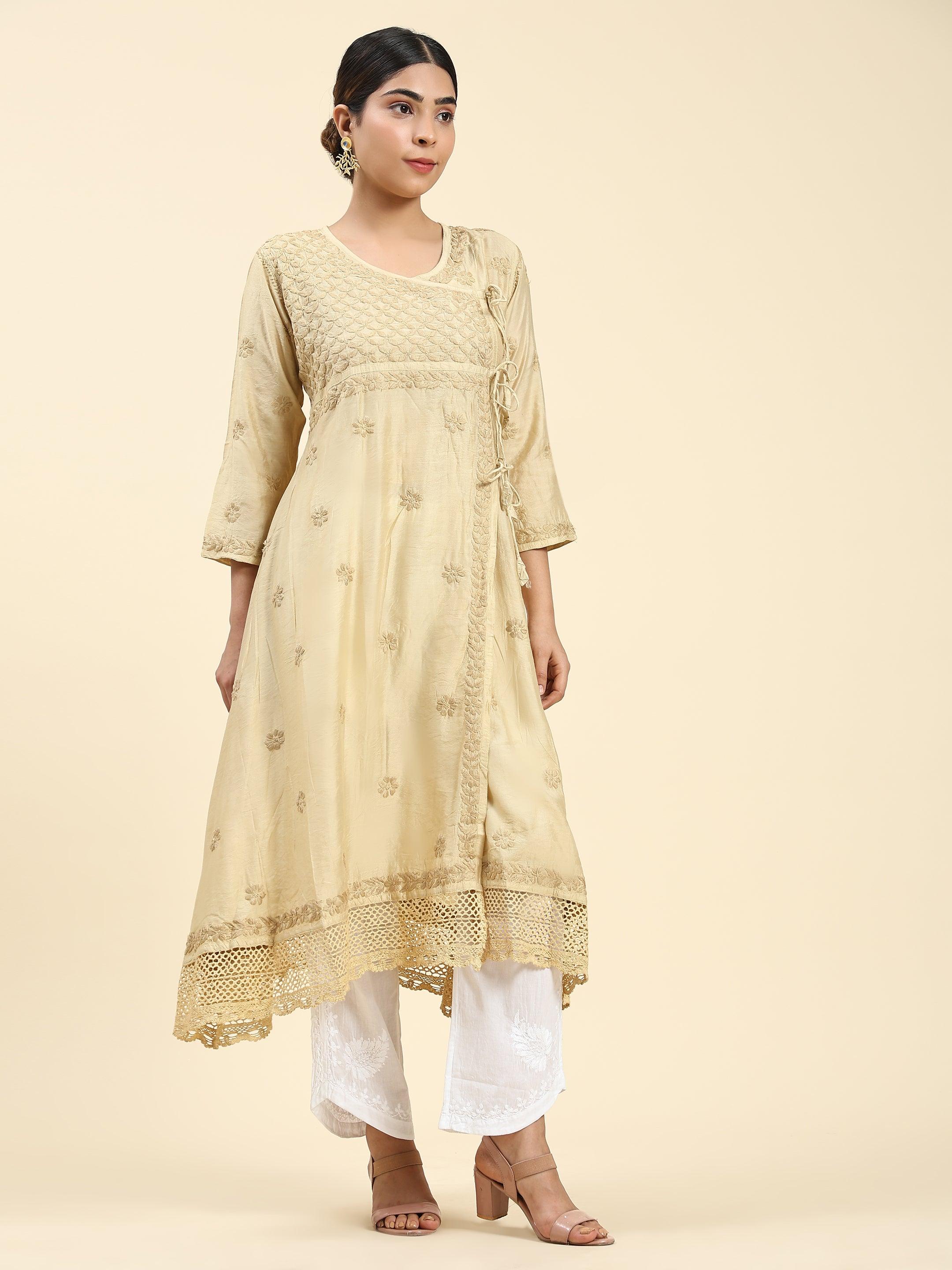 Samma Chikankari Angrakha Long Kurta in Chanderi Silk for Women - Beige - House Of Kari (Chikankari Clothing)