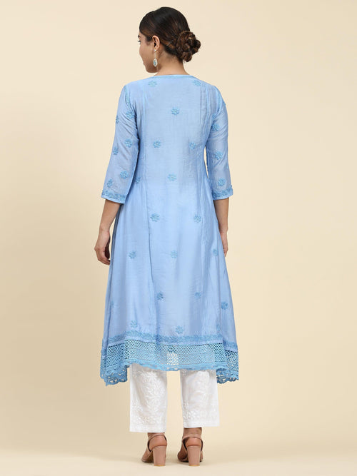 Samma Chikankari Angrakha Long Kurta in Chanderi Silk for Women - Blue - House Of Kari (Chikankari Clothing)