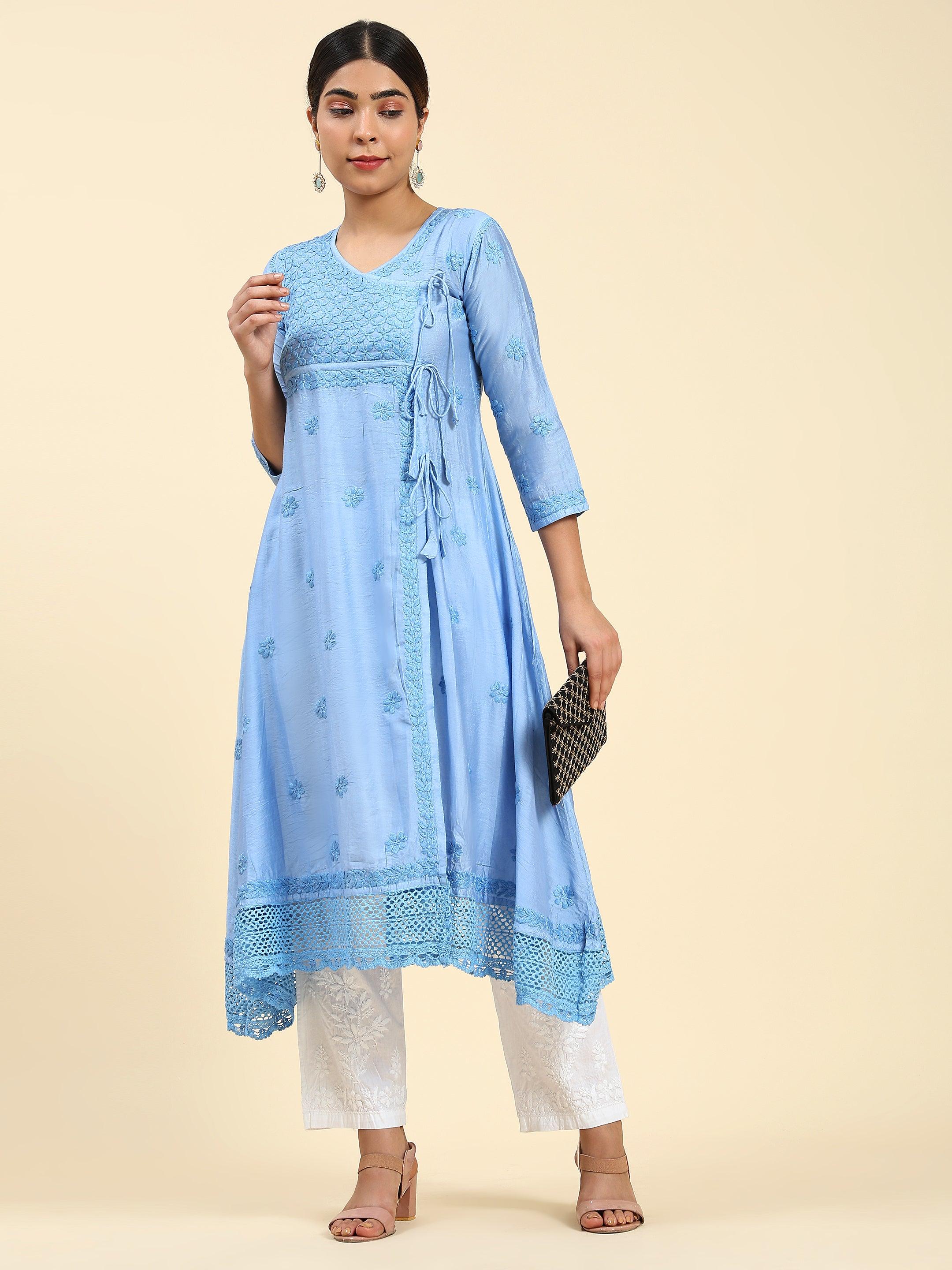 Samma Chikankari Angrakha Long Kurta in Chanderi Silk for Women - Blue - House Of Kari (Chikankari Clothing)