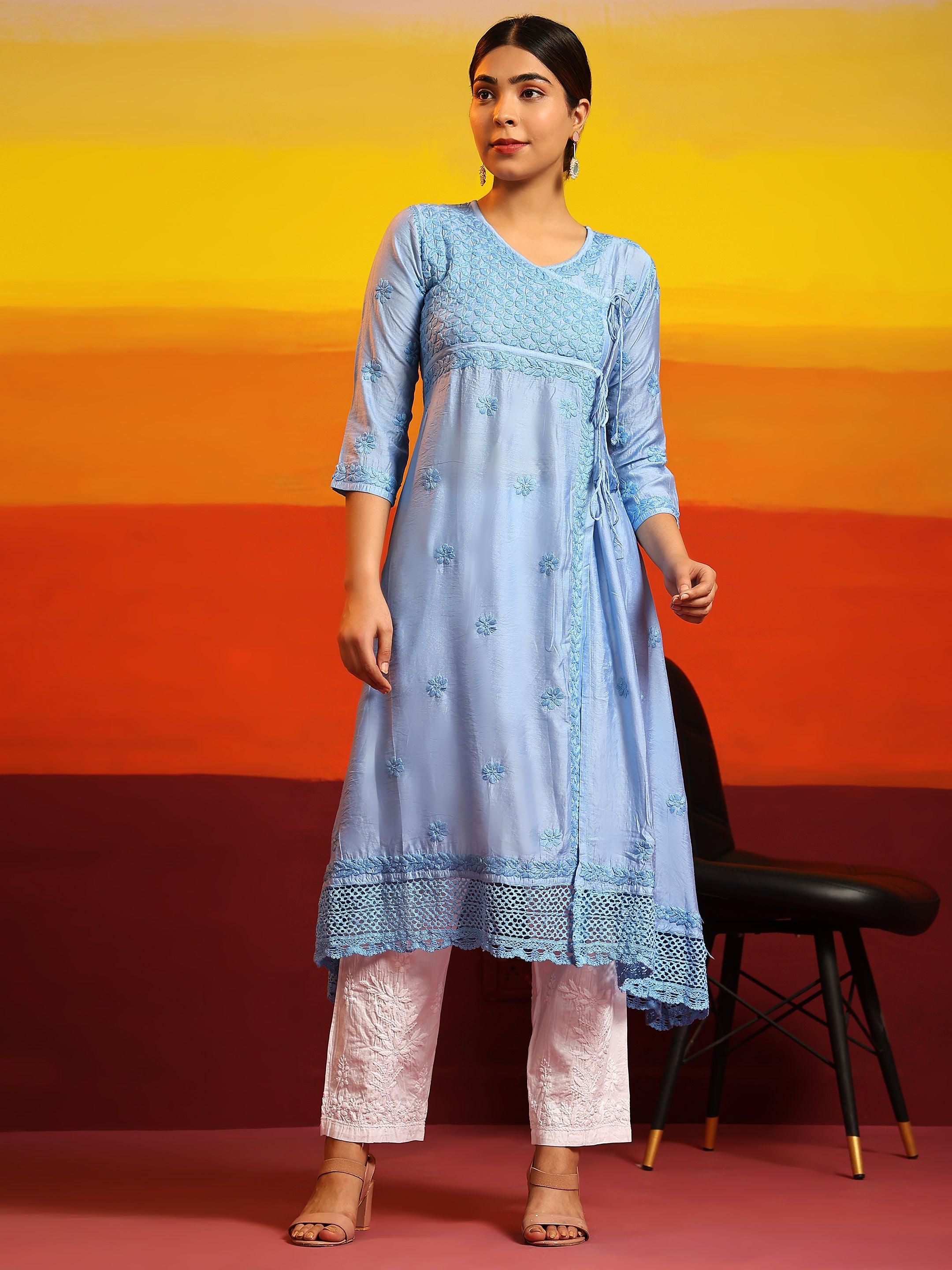 Samma Chikankari Angrakha Long Kurta in Chanderi Silk for Women - Blue - House Of Kari (Chikankari Clothing)