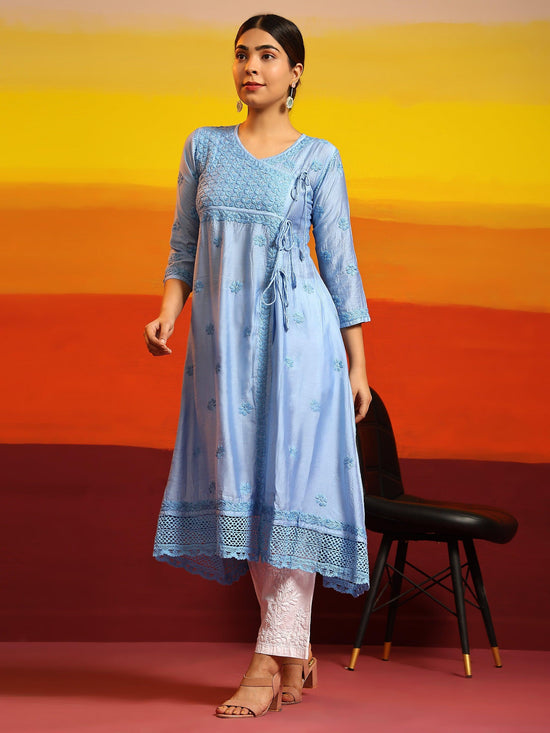 Samma Chikankari Angrakha Long Kurta in Chanderi Silk for Women - Blue - House Of Kari (Chikankari Clothing)