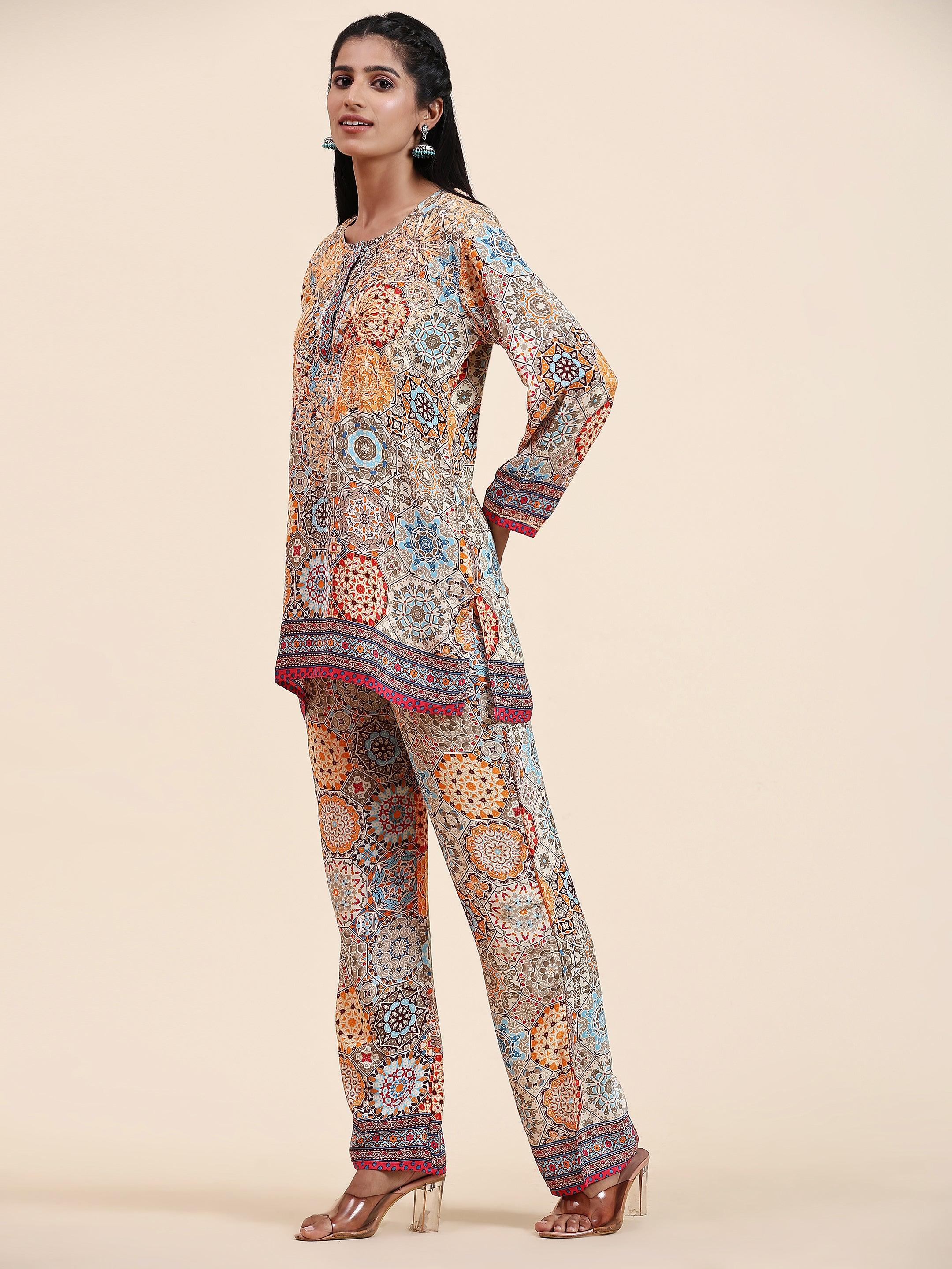 Samma Chikankari Co-ord Set in Polysilk for Women- Orange multicolour Print - House Of Kari (Chikankari Clothing)