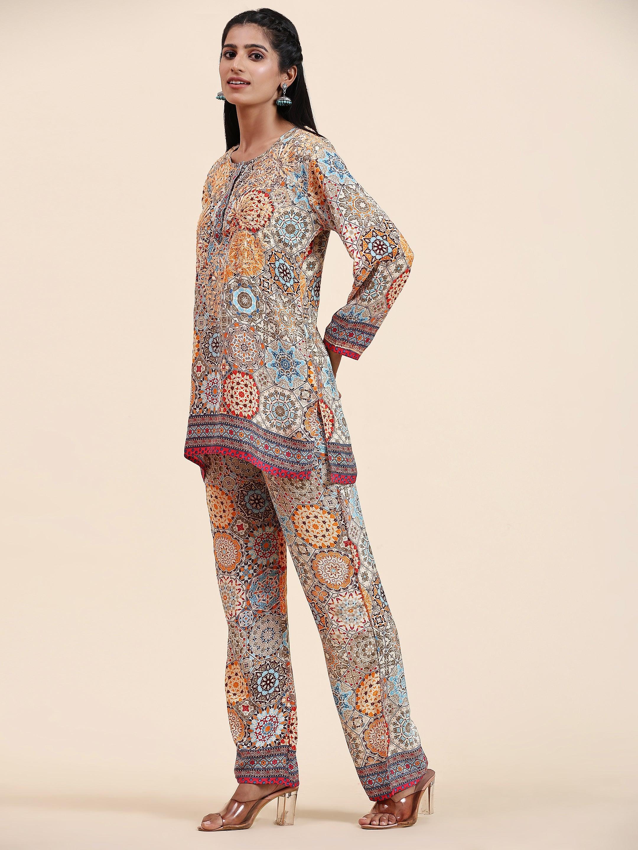 Shivani Girdhar in Samma Chikankari Co-ord Set in Polysilk for Women- Orange multicolour Print - House Of Kari (Chikankari Clothing)