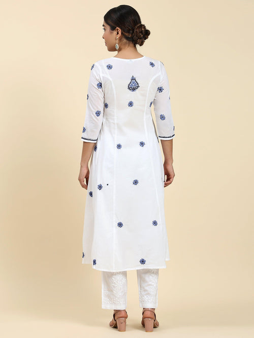 Samma Chikankari Long Kurta in Cotton for Women - White With Blue - House Of Kari (Chikankari Clothing)