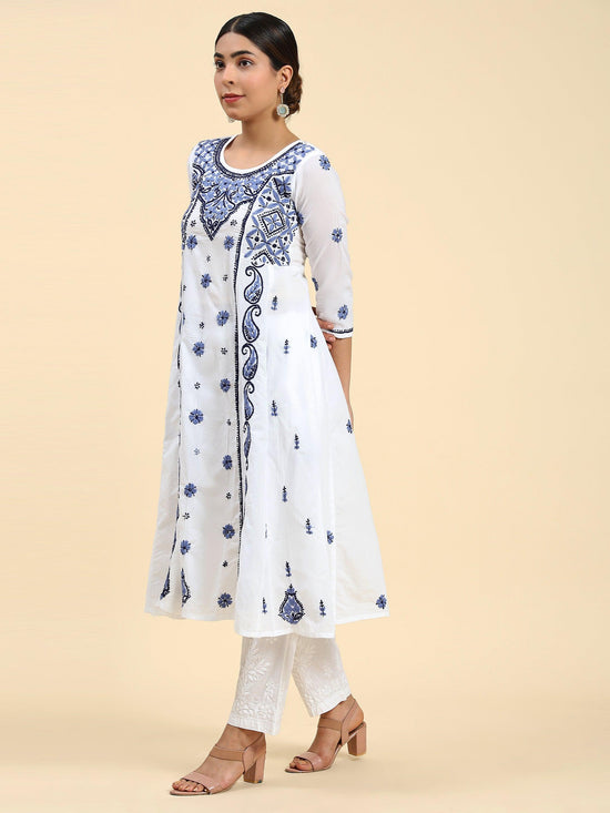 Samma Chikankari Long Kurta in Cotton for Women - White With Blue - House Of Kari (Chikankari Clothing)