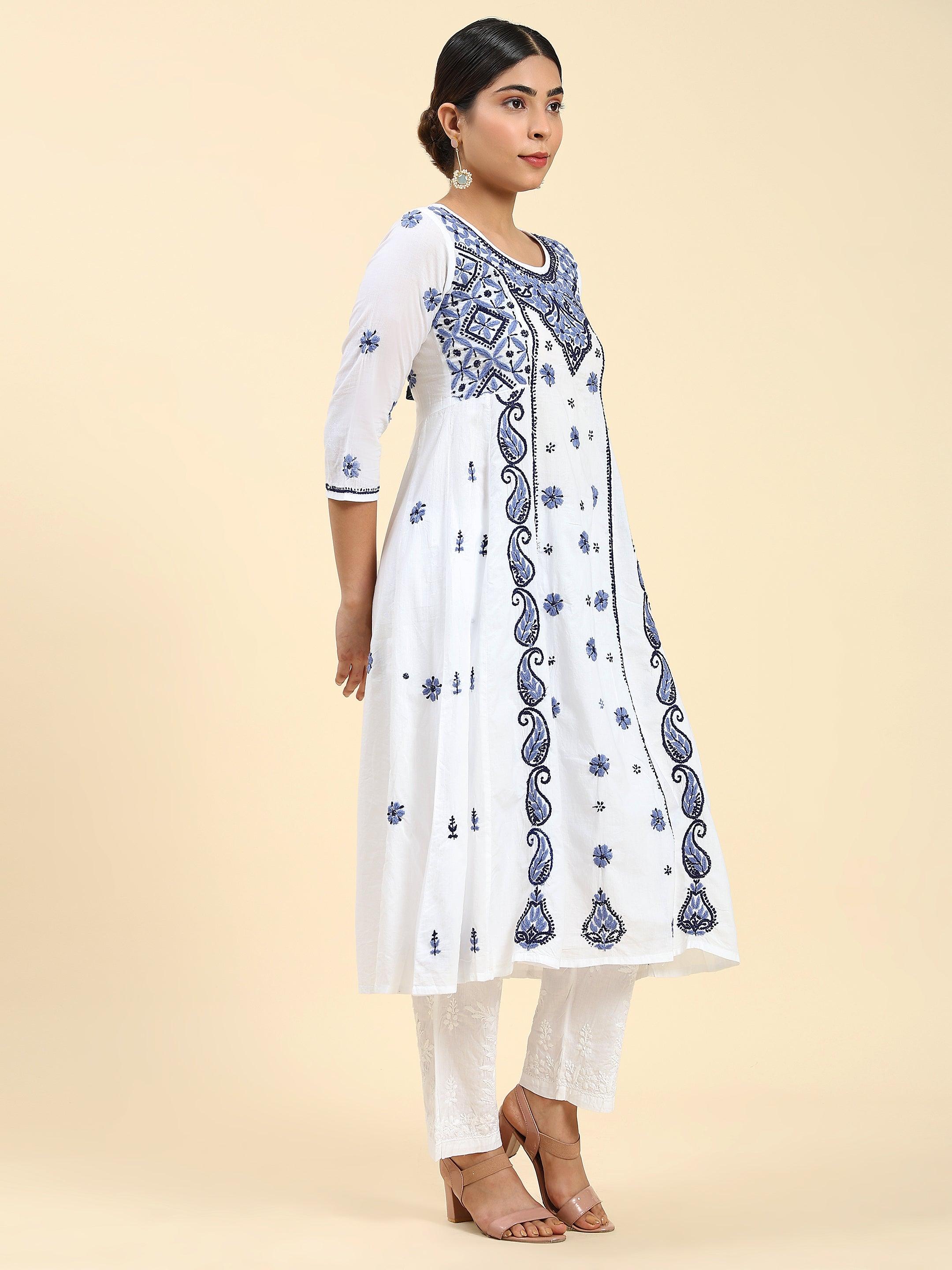 Samma Chikankari Long Kurta in Cotton for Women - White With Blue - House Of Kari (Chikankari Clothing)