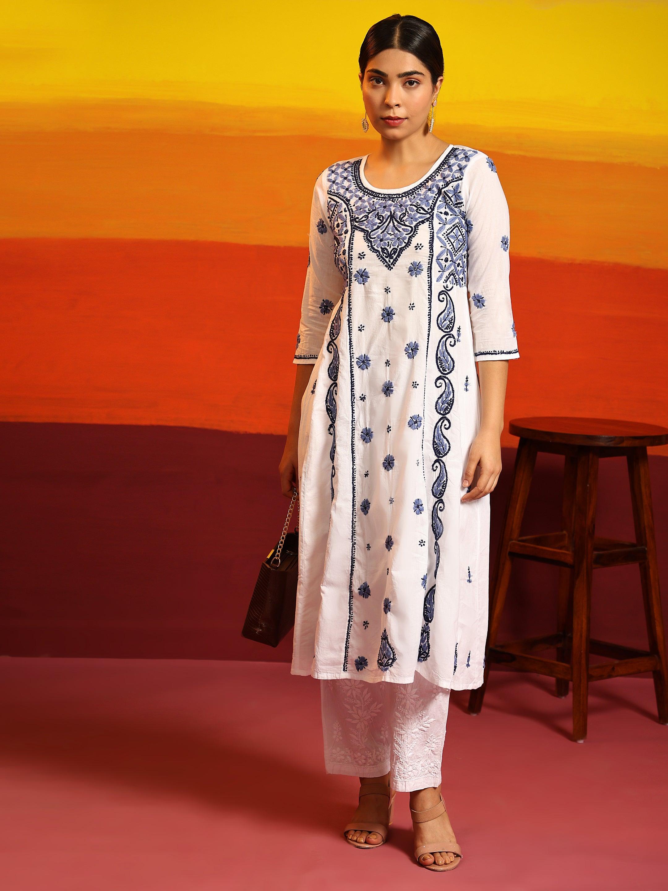 Samma Chikankari Long Kurta in Cotton for Women - White With Blue - House Of Kari (Chikankari Clothing)