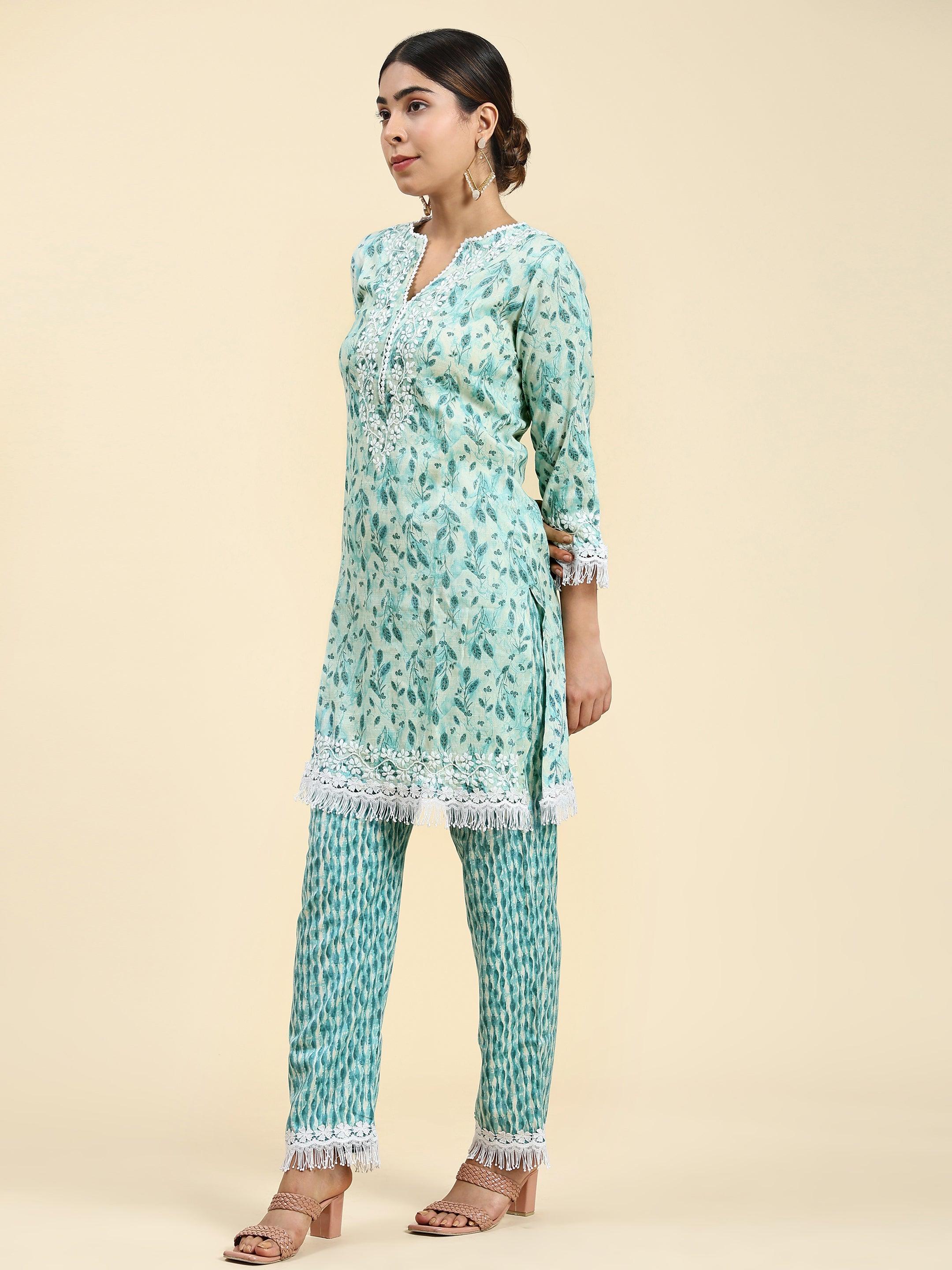 Samma Chikankari Co-ord set in Cotton for Women- Green - House Of Kari (Chikankari Clothing)
