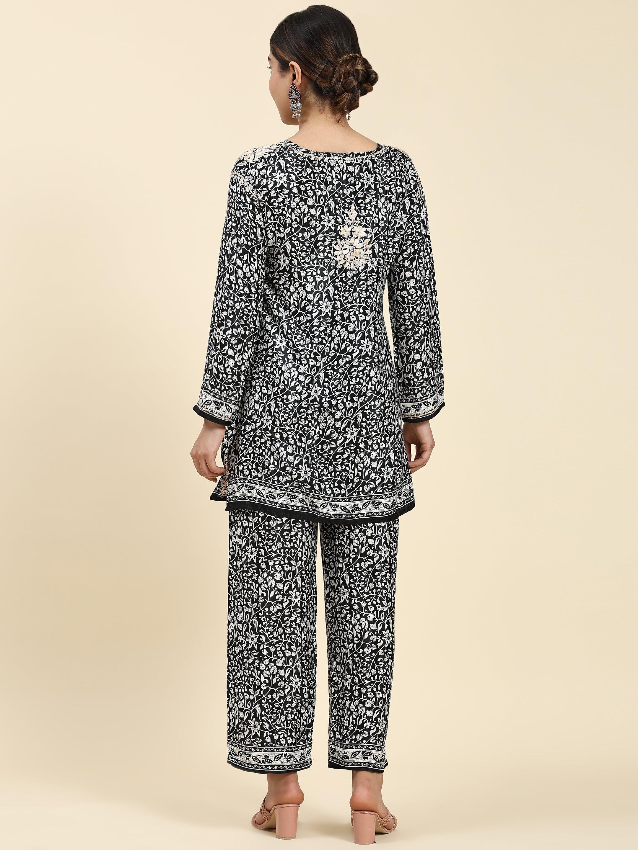 Samma Chikankari Co-ord set in Polysilk for Women- Black With Golden - House Of Kari (Chikankari Clothing)