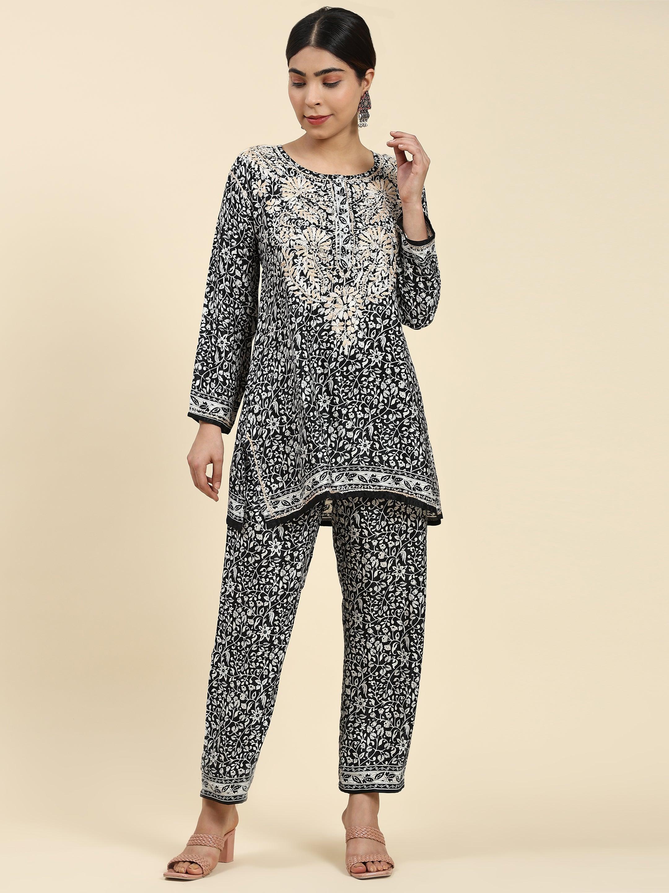 Samma Chikankari Co-ord set in Polysilk for Women- Black With Golden - House Of Kari (Chikankari Clothing)