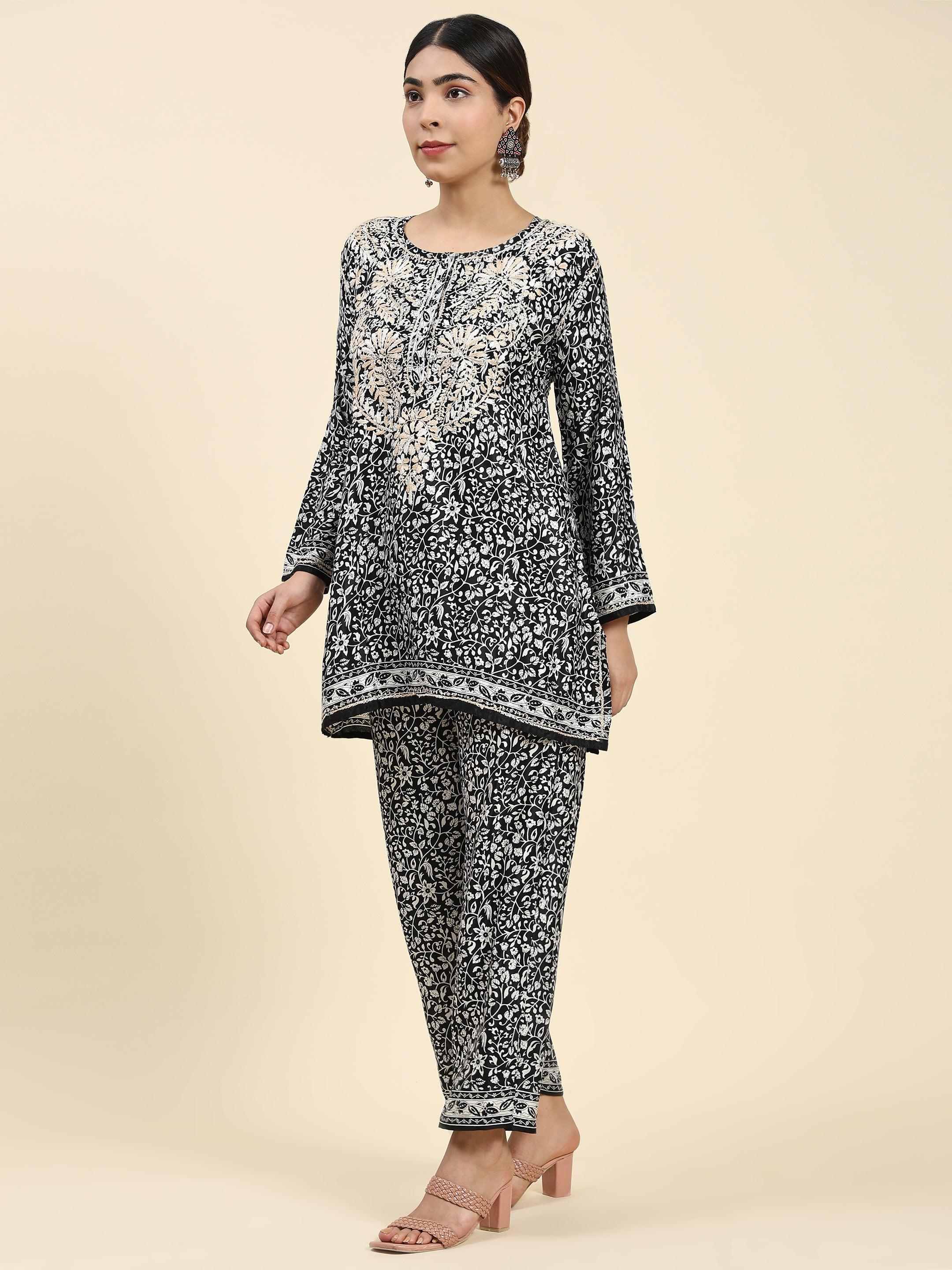 Samma Chikankari Co-ord set in Polysilk for Women- Black With Golden - House Of Kari (Chikankari Clothing)
