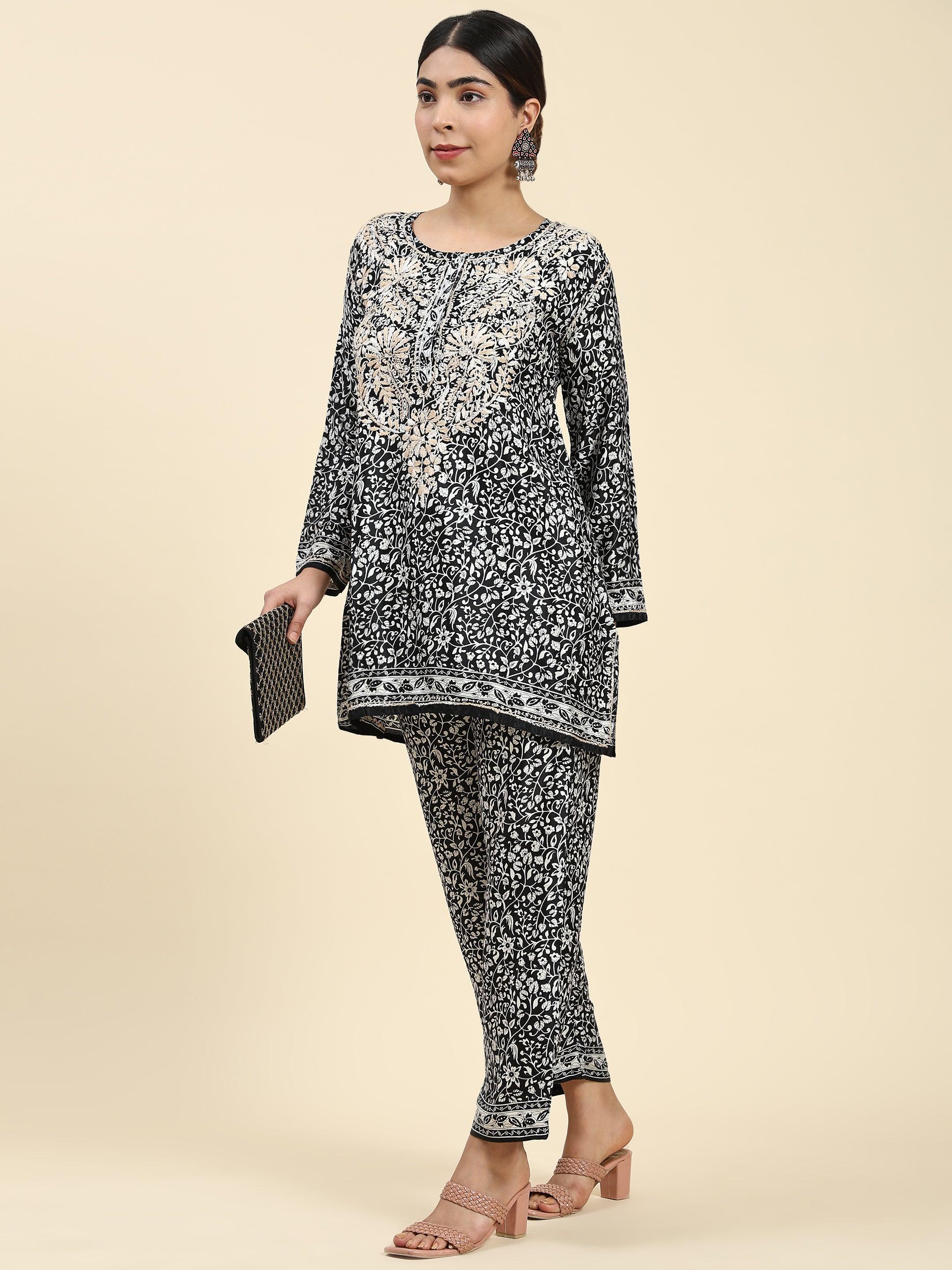 Samma Chikankari Co-ord set in Polysilk for Women- Black With Golden - House Of Kari (Chikankari Clothing)