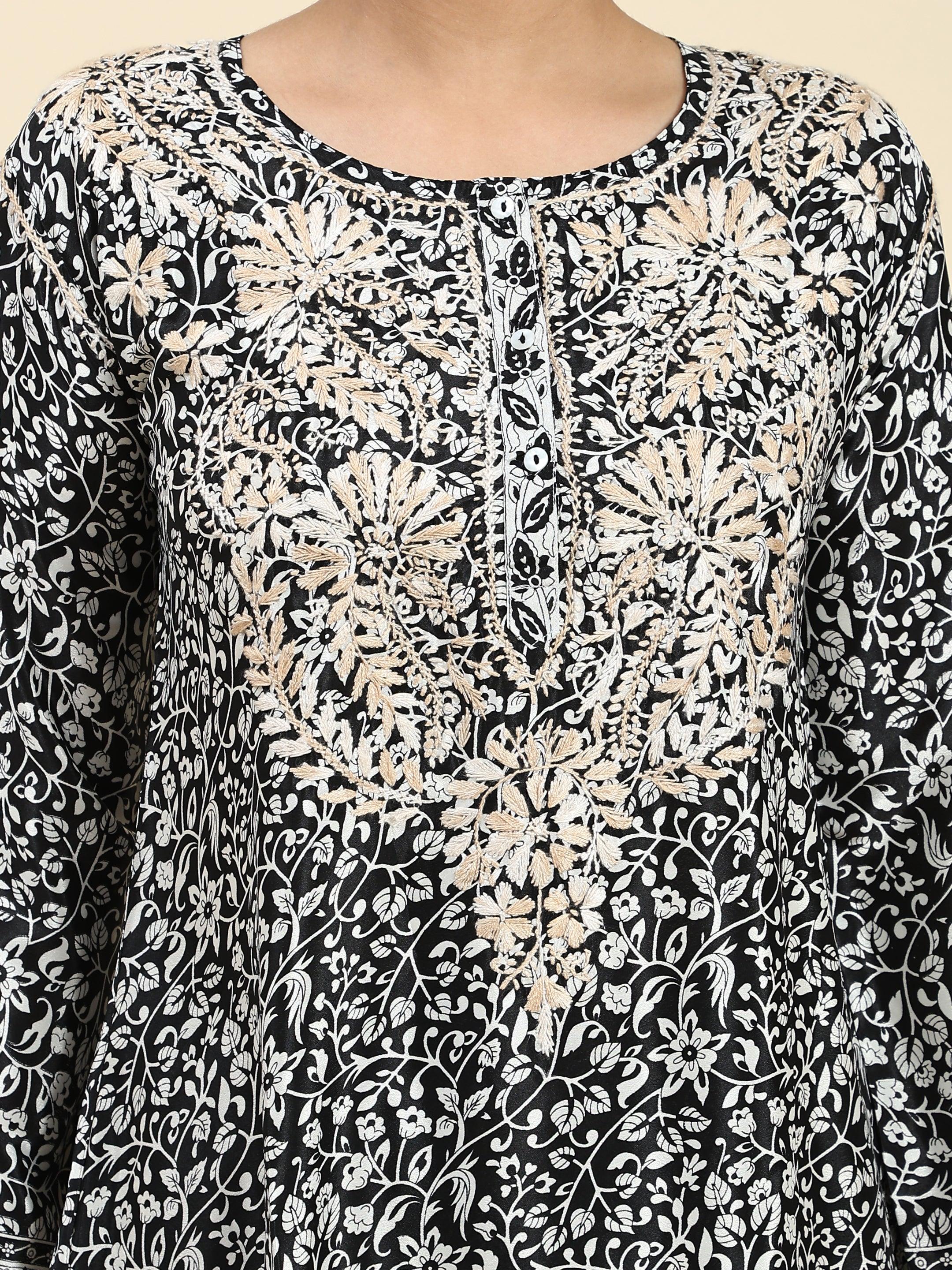 Samma Chikankari Co-ord set in Polysilk for Women- Black With Golden - House Of Kari (Chikankari Clothing)