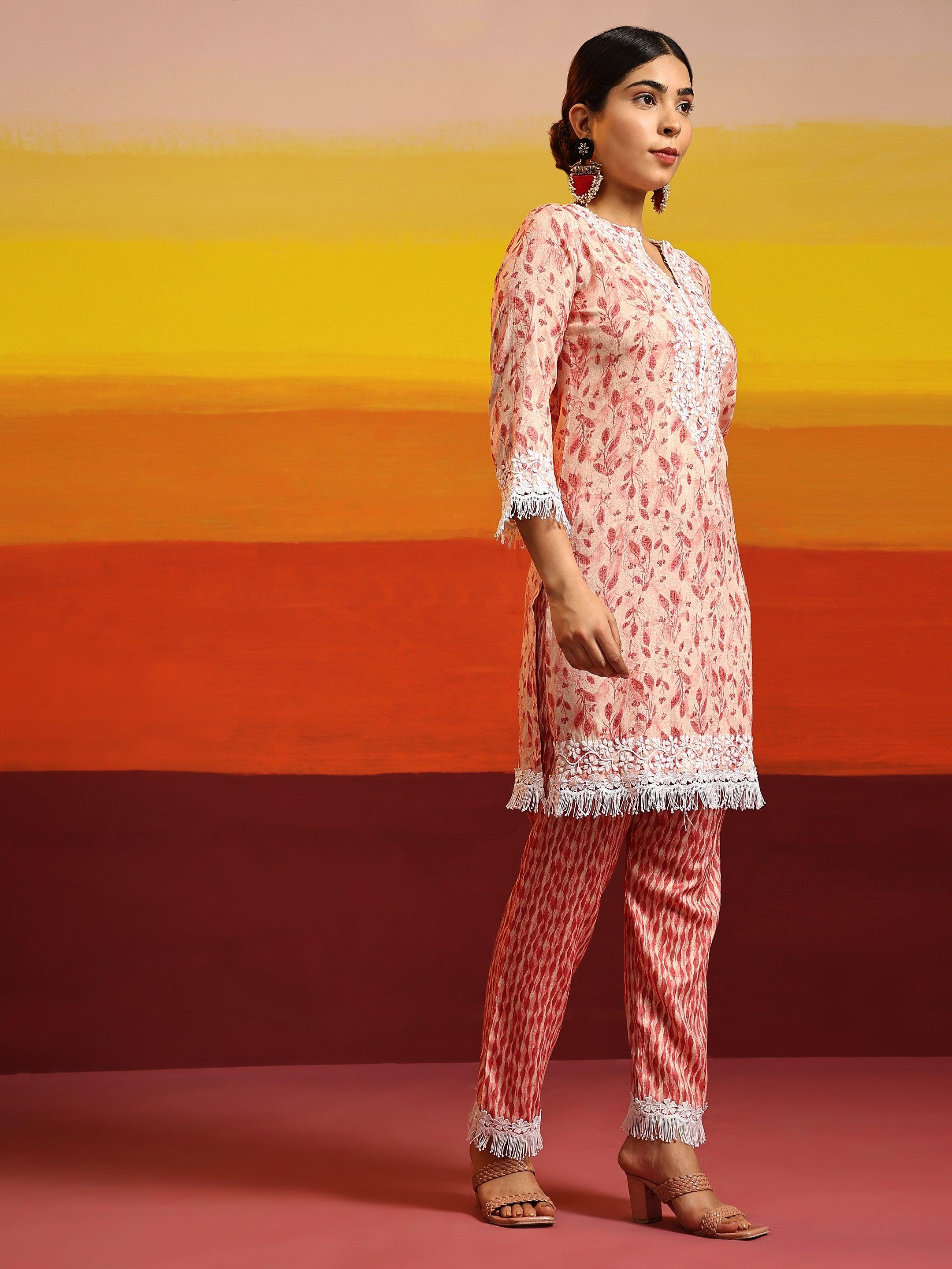 Simran in Samma Chikankari Co-ord set in Cotton for Women- Pink - House Of Kari (Chikankari Clothing)