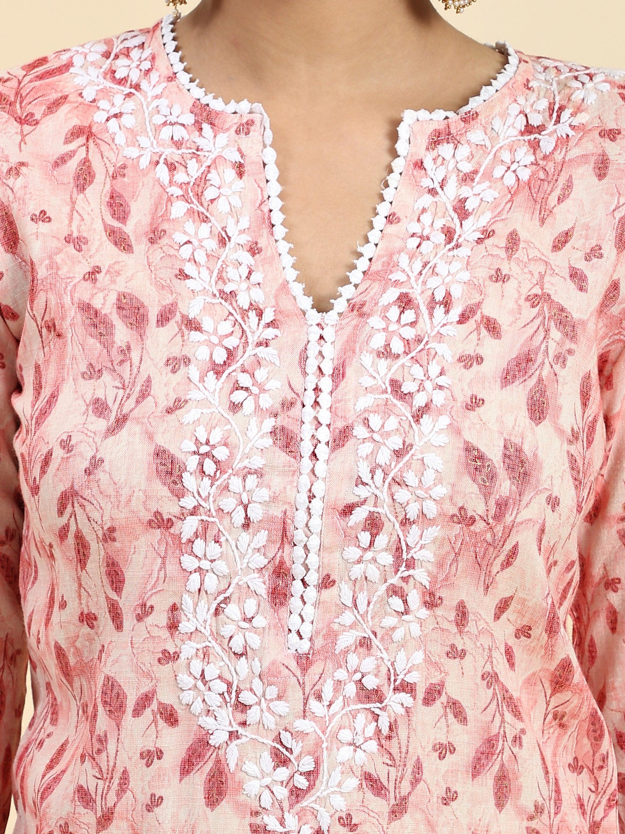 Simran in Samma Chikankari Co-ord set in Cotton for Women- Pink - House Of Kari (Chikankari Clothing)