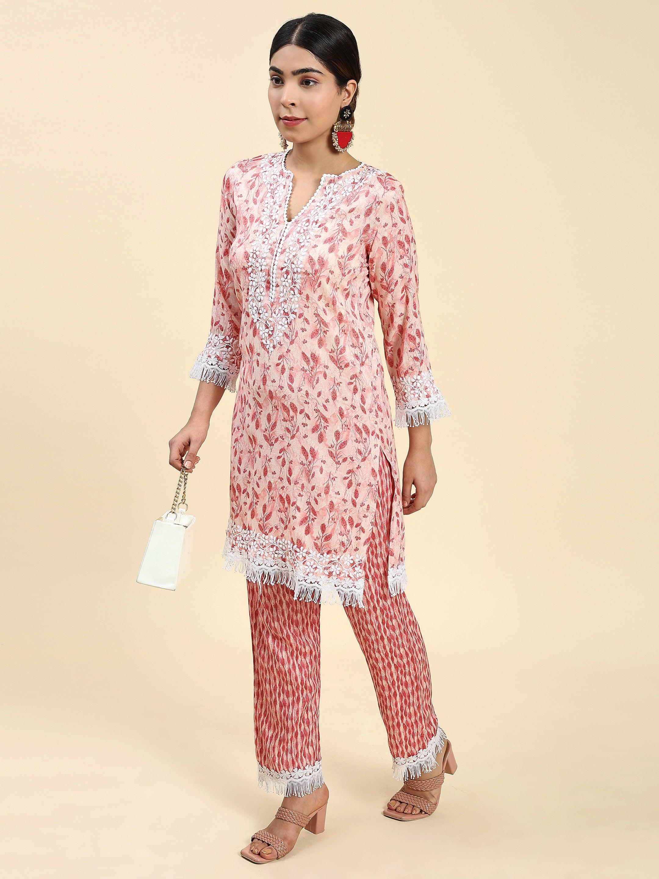 Simran in Samma Chikankari Co-ord set in Cotton for Women- Pink - House Of Kari (Chikankari Clothing)