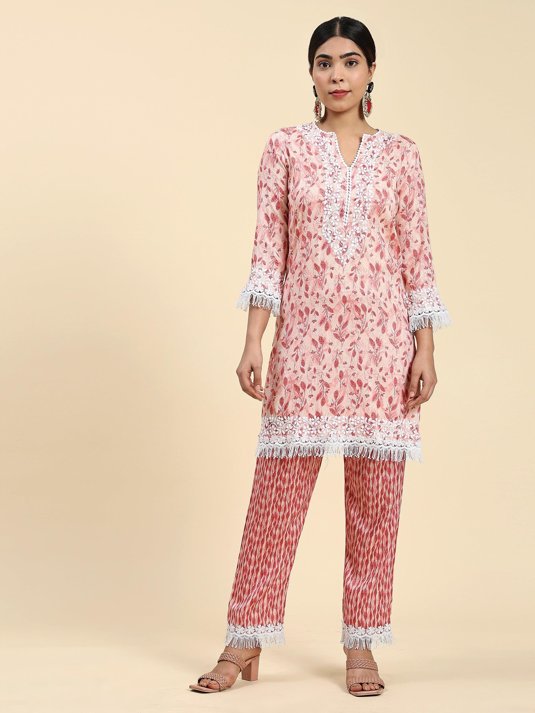 Simran in Samma Chikankari Co-ord set in Cotton for Women- Pink - House Of Kari (Chikankari Clothing)