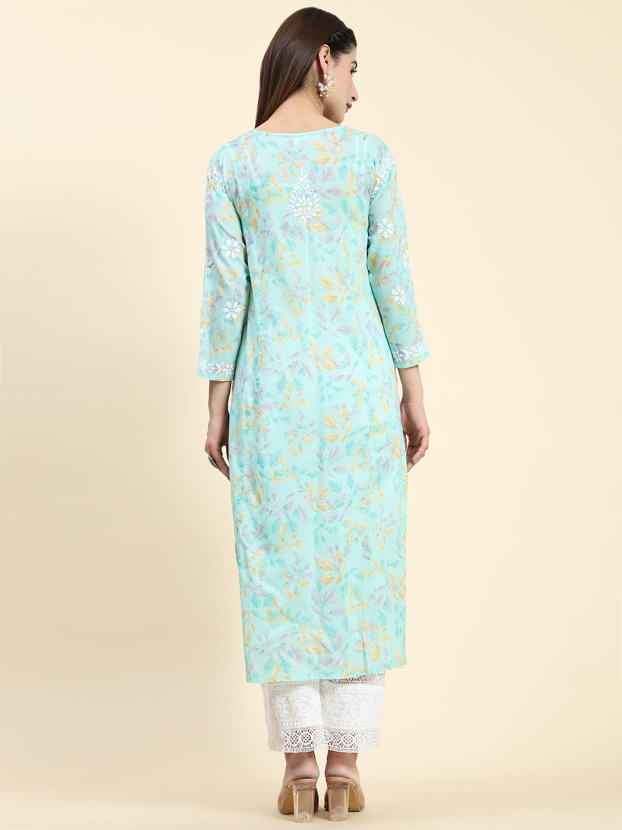 Samma Chikankari Long Kurta in Mul Cotton for Women-Sea Green - House Of Kari (Chikankari Clothing)